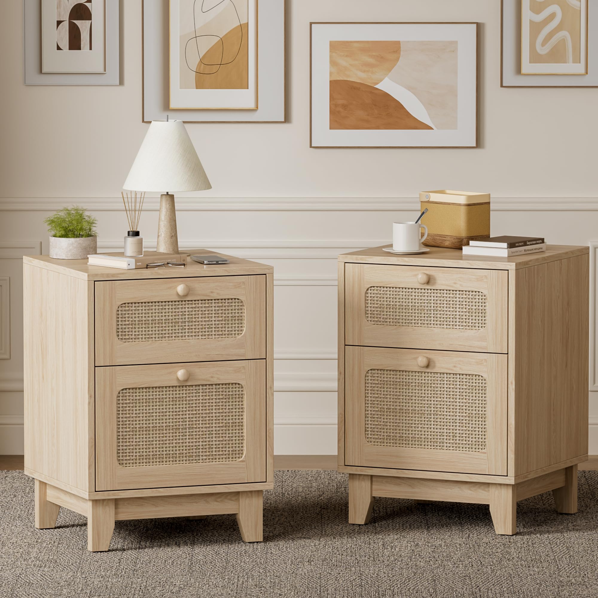 Callales Rattan Nightstands Set of 2, Boho Night Stands with Drawer, Rattan Decor for Bedroom, Dorm and Small Spaces, Natural (no Charging Station, 2)