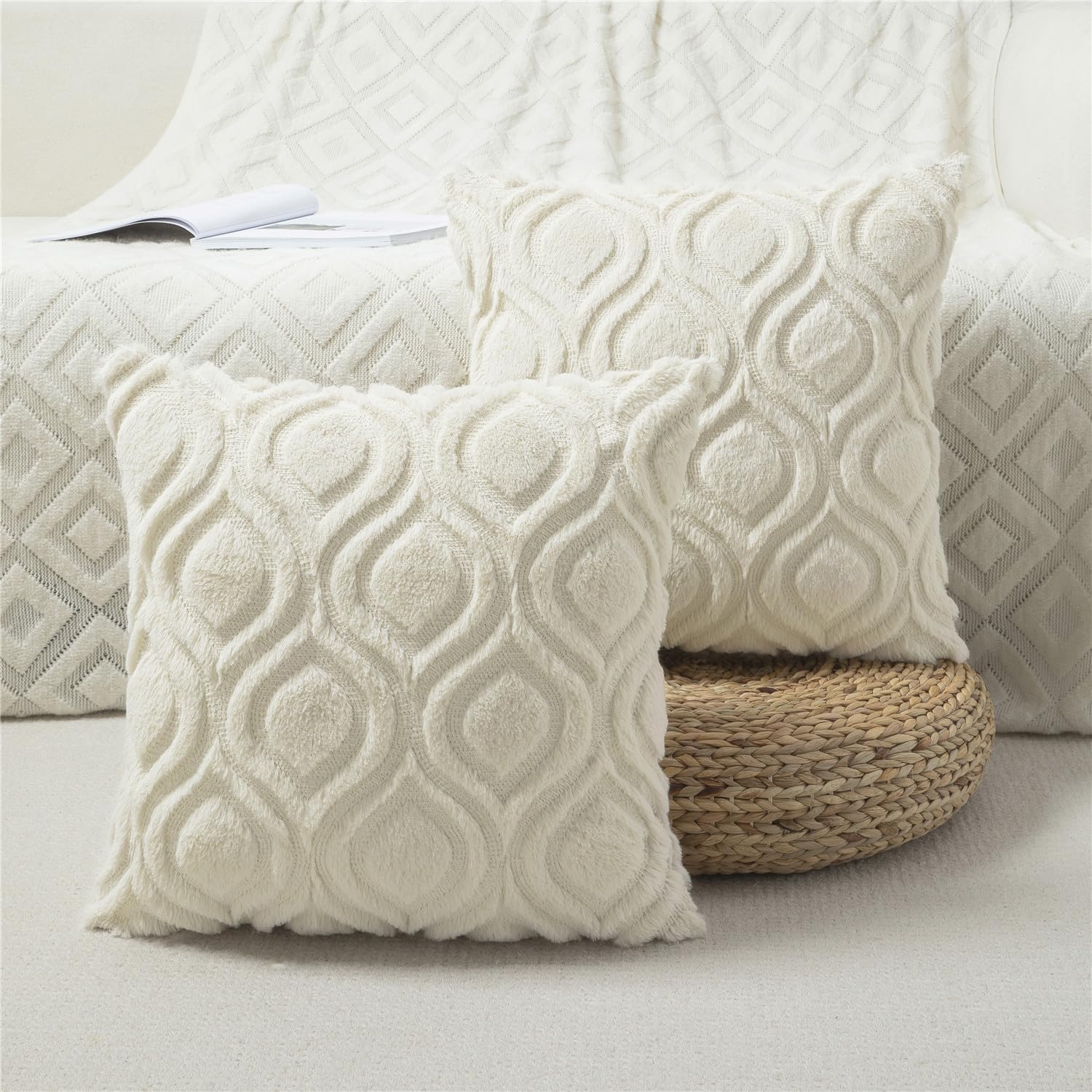 BVEED Throw Pillow Covers 24x24 Set of 2 Boho Decorative Pillow Covers Luxury Soft Plush Short Faux Wool Cushion Covers for Couch Sofa Bedroom Living Room,Beige