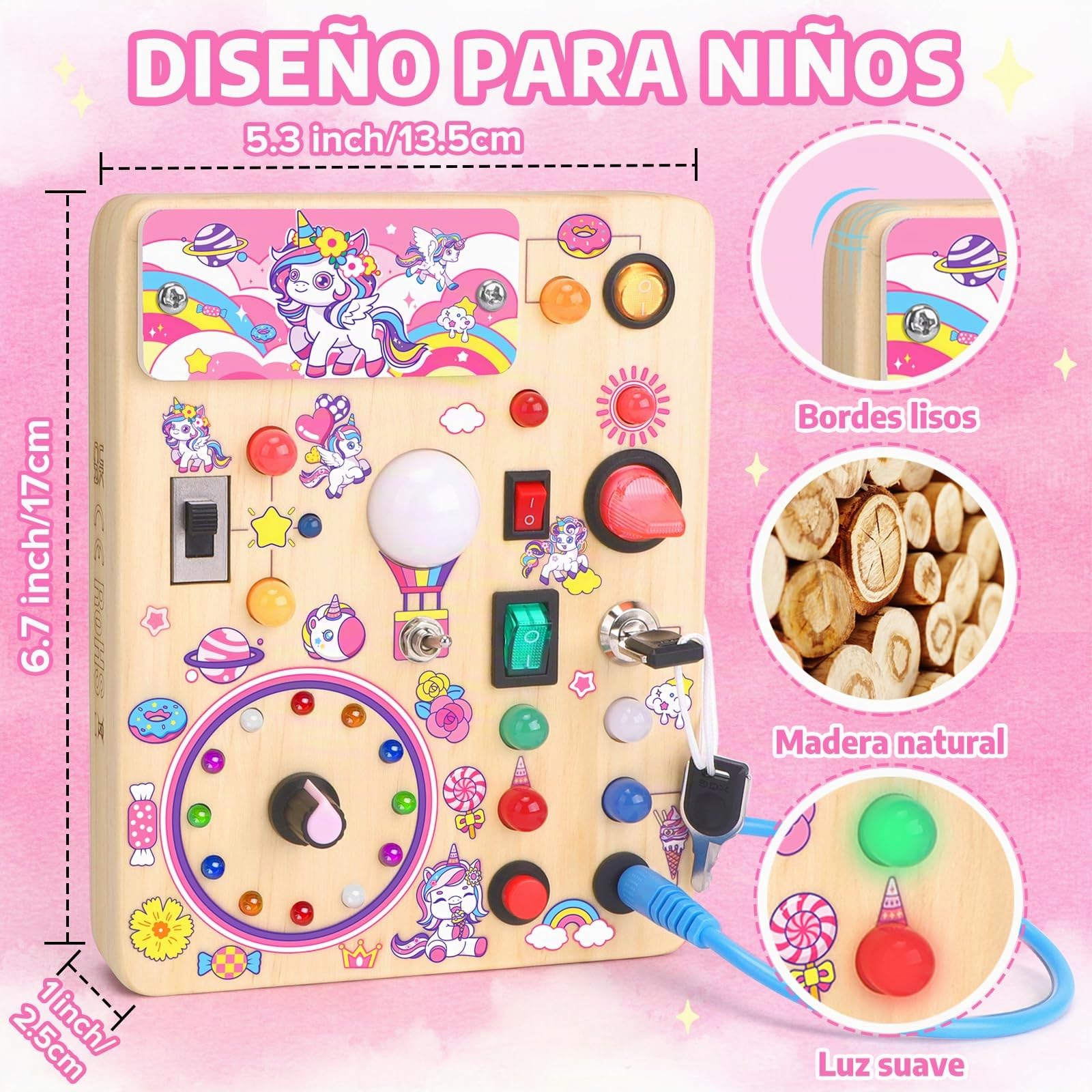 Juguetes Niños 1 año Montessori Unicorn Busy Board con 10 interruptores y 23 luces LED Juguete de Aprendizaje sensorial Juegos Niño 1 2 3 años Tablero de Actividades de Madera Regalo Niño Niña