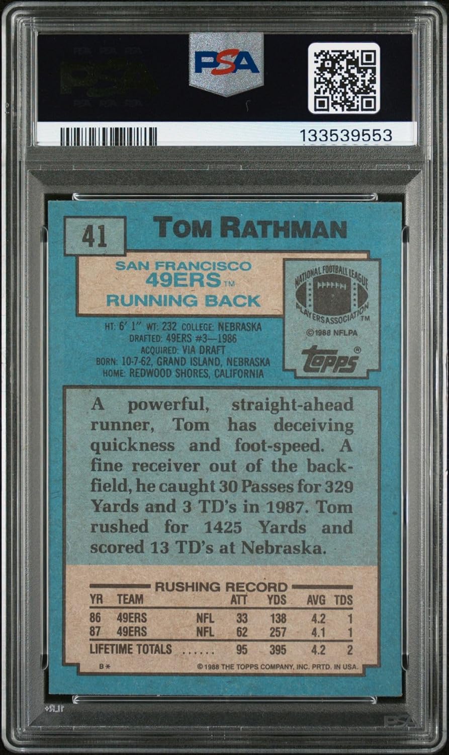 Tom Rathman 1988 Topps Signed Football Rookie Card #41 Graded PSA 7 Auto 10 Cert #133539553