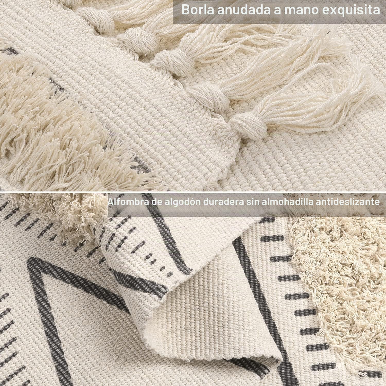 Alfombra de algodón con mechones de algodón, lavable con borlas, manta geométrica tejida, alfombra bohemia para lavandería/dormitorio (beis, 60 x 130 cm)