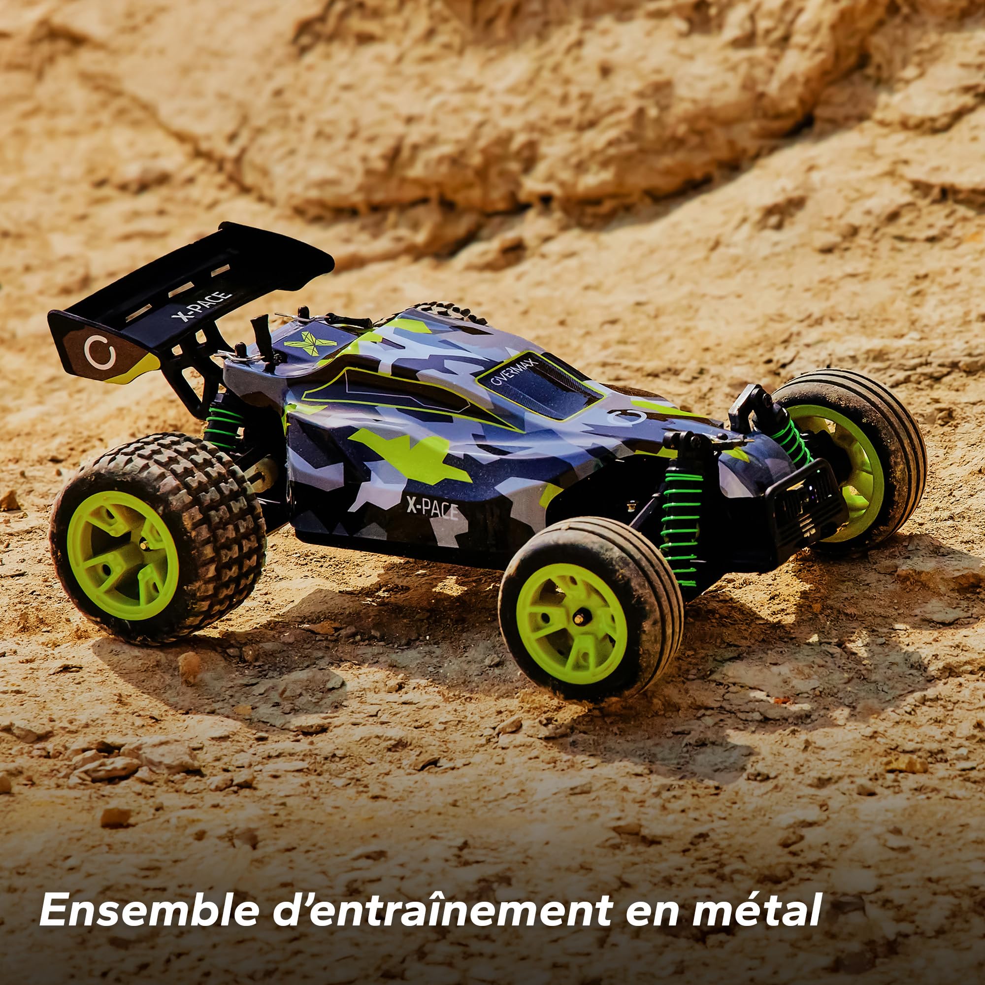 Overmax X-Pace Voiture télécommandée RC Car Vitesse de 45 kmh 4x4 motrices portée de 100 mètres Suspension à Ressort indépendante éclairage LED Grande Taille, Noir-Jaune