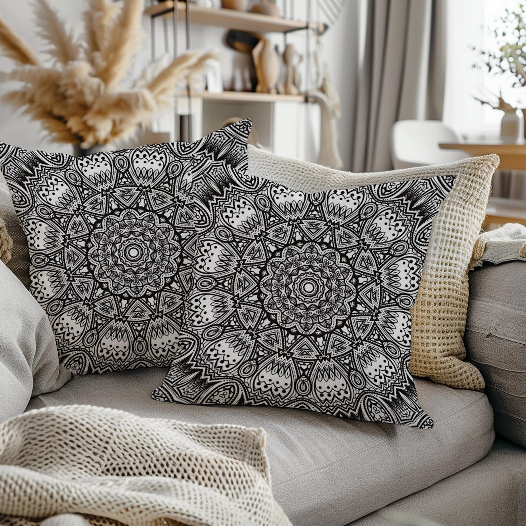 ggaimwf Moroccan Cushion Covers 40x40cm Black Ethnic Boho Cushions Indian Style Abstract Mandala Arabesque Meditation Hippie Modern Throw Pillow Cover for Sofa Living Room Bed Pillowcase Set of 2 - Image 2