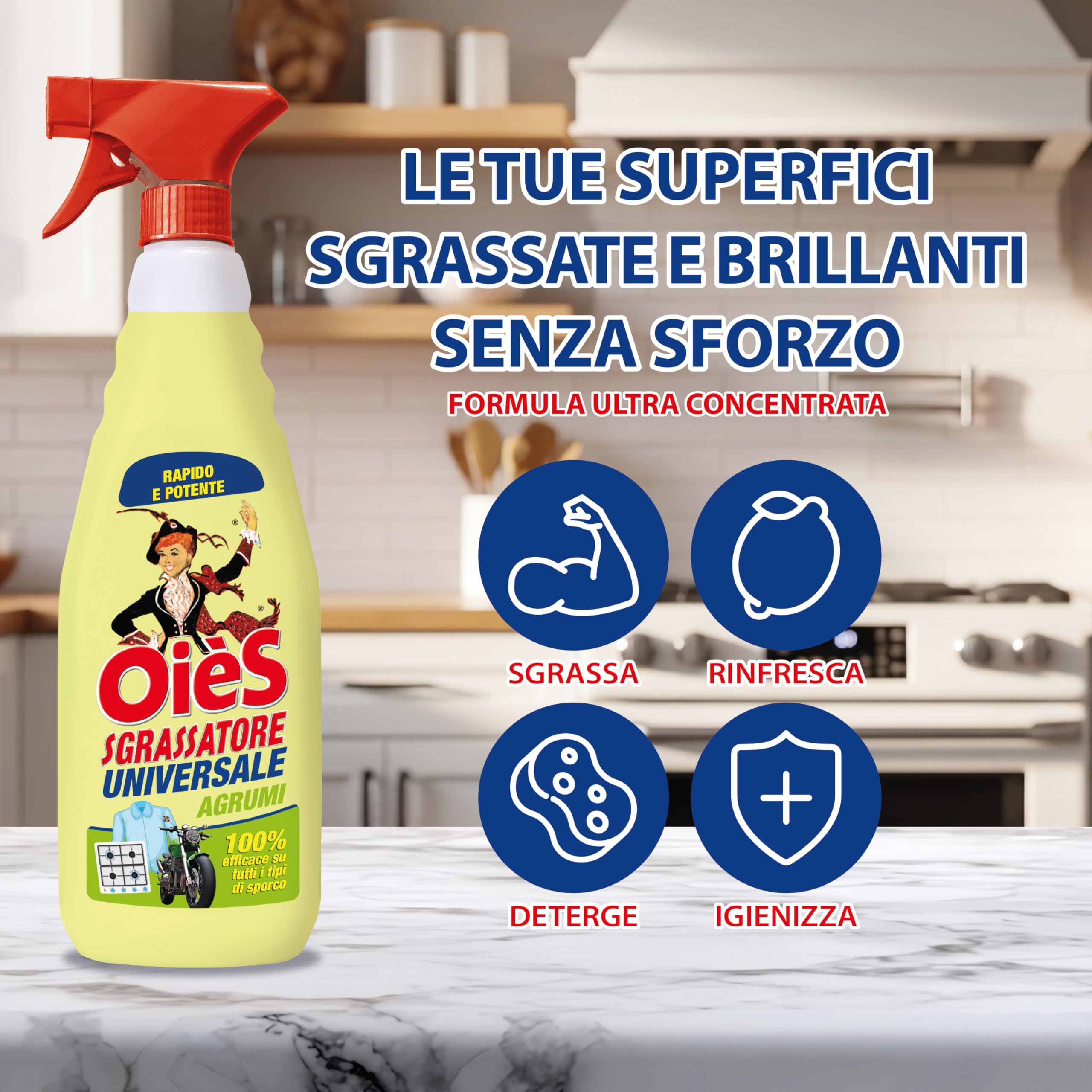 OièS Sgrassatore Universale 750 ml - Spray Sgrassante Rapido e Potente per Cucina, Forno, Piano Cottura, Acciaio e Superfici Lavabili - Elimina Grasso Ostinato e Sporco Incrostato - Agrumi (8 Unità)