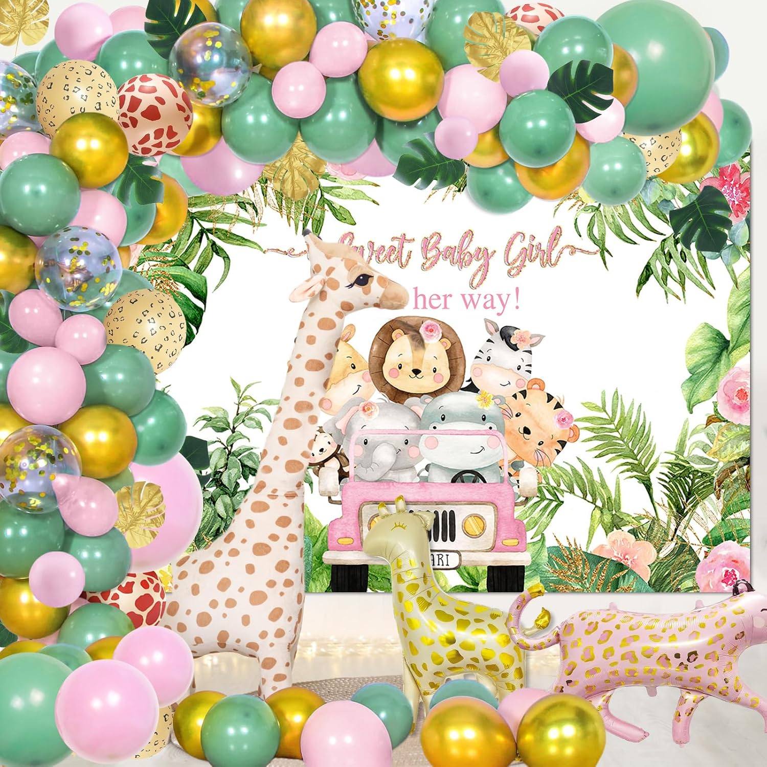 Avezano Pink Safari Baby Shower Backdrop for Girl Jungle Animals Baby Shower Decorations Tropical Leaves Safari Banner Supplies 7x5ft