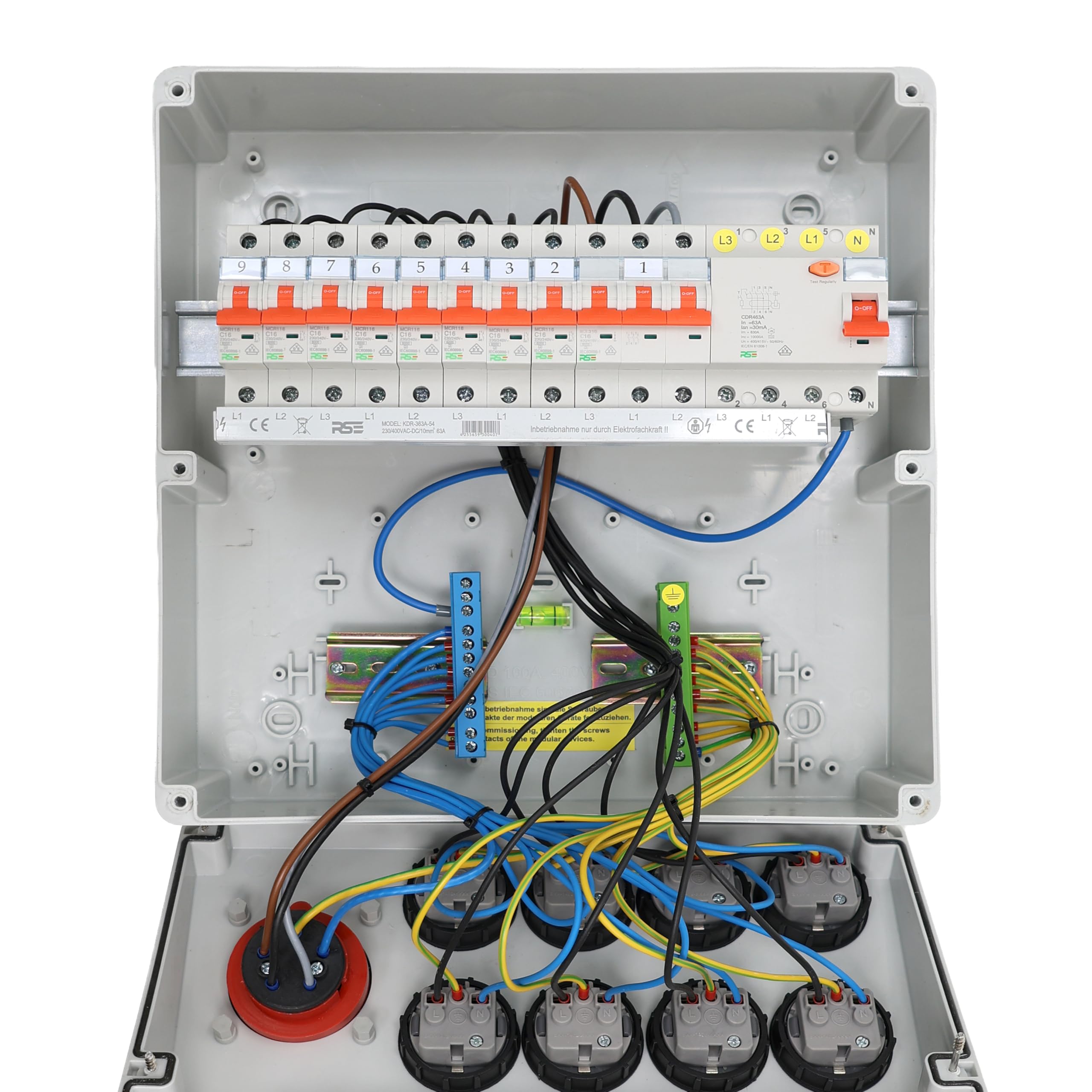 RSE BAUSTROMVERTEILER WANDVERTEILER KOMPLETT VERDRAHTET, VERSCH. VARIANTEN 32A CEE, 16A CEE, 230V ZUR AUSWAHL, IP66 GEHÄUSE, 1X16A, 8X230V, MIT LS+FI