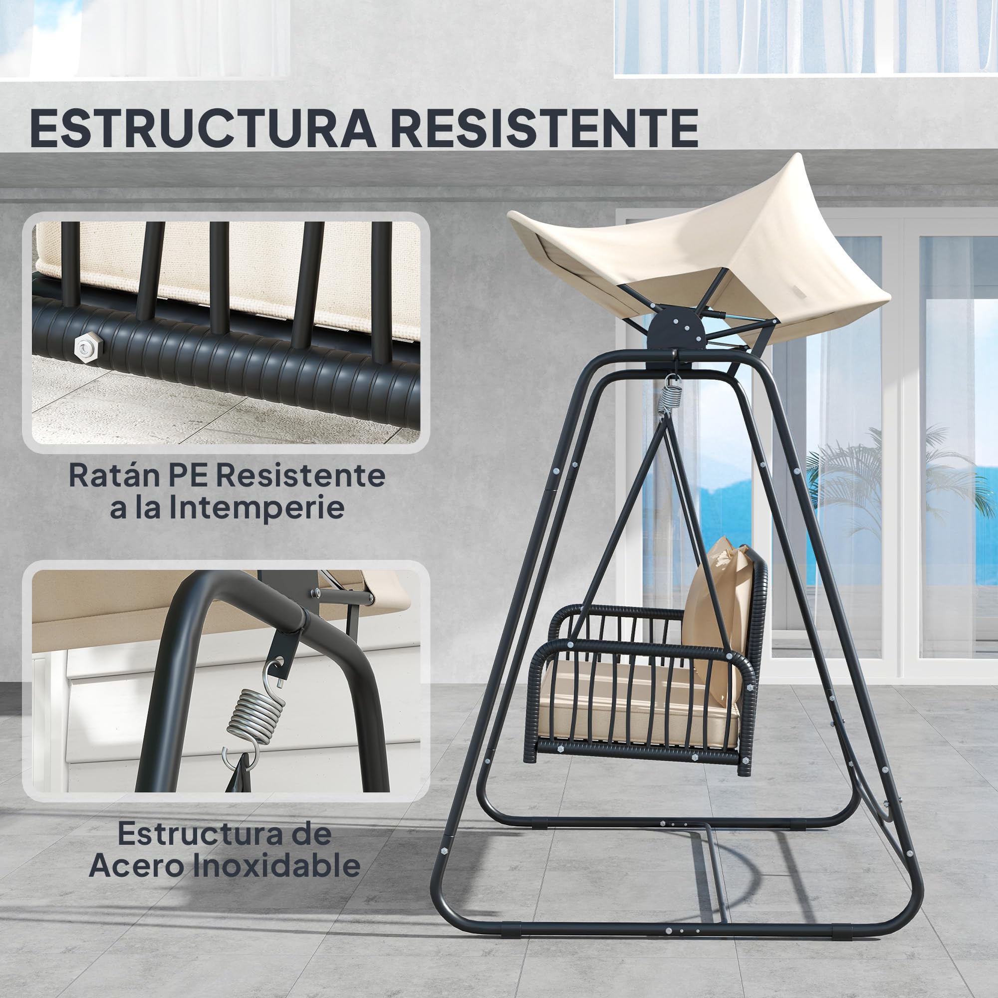 Outsunny Columpio de Jardín de 2 Plazas Balancín de Jardín Exterior con Toldo Retráctil Cojines y Estructura de Acero con Ratán PE Anti-UV para Balcón Terraza Patio Carga 240 kg 149x121x180 cm Caqui