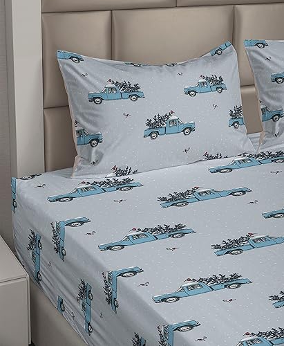 Miniatura 5 de Ambesonne Juego de sábanas de invierno, diseño vintage de camión y árbol de Navidad, diseño nevado y pájaros, sábana bajera y sábana encimera con