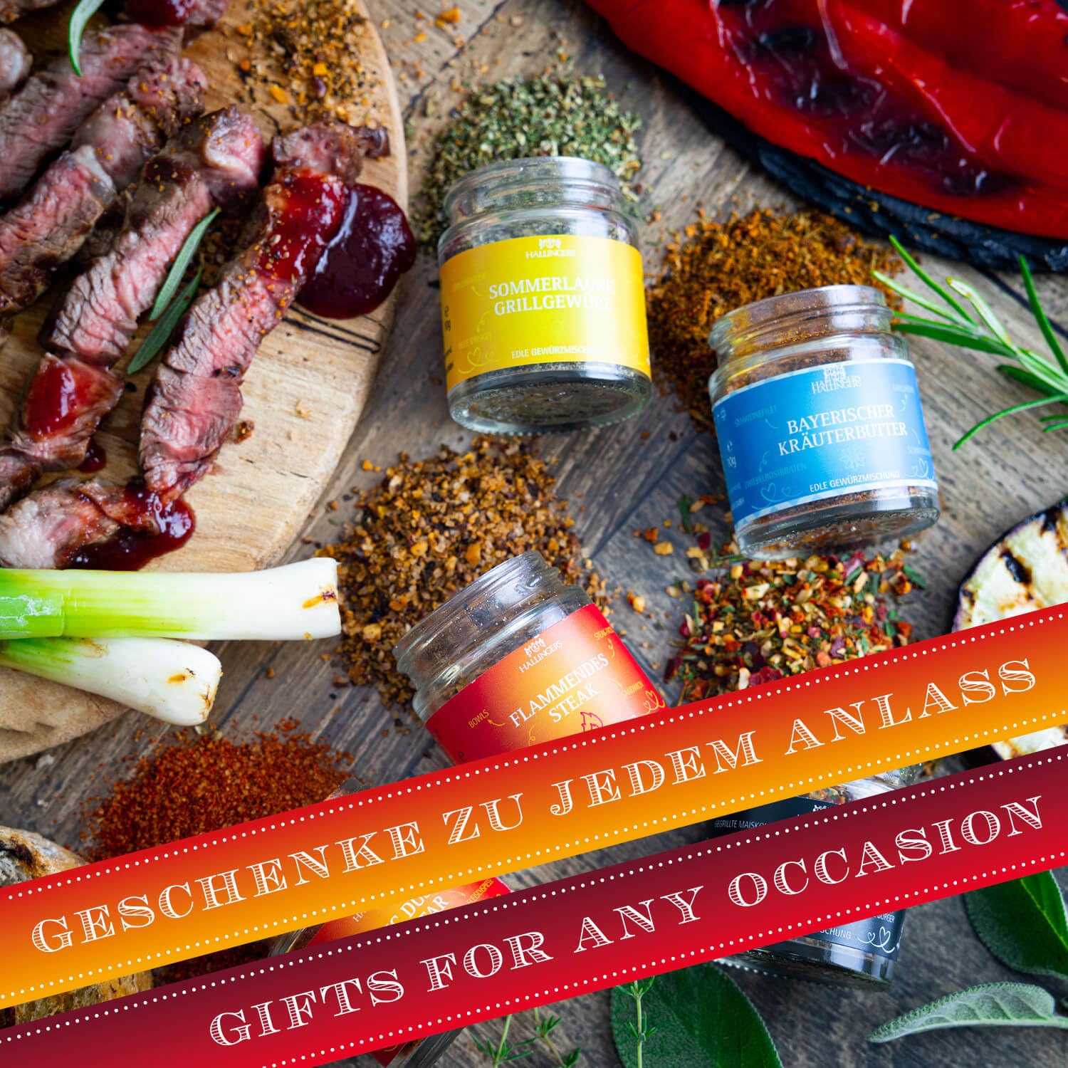 Hallingers Genuss Manufaktur Gewürz Geschenk-Set - 5 Gewürze aus aller Welt in wertiger Geschenkbox mit Rezept-Booklet "Meistergriller", Geschenkidee für Männer Freund