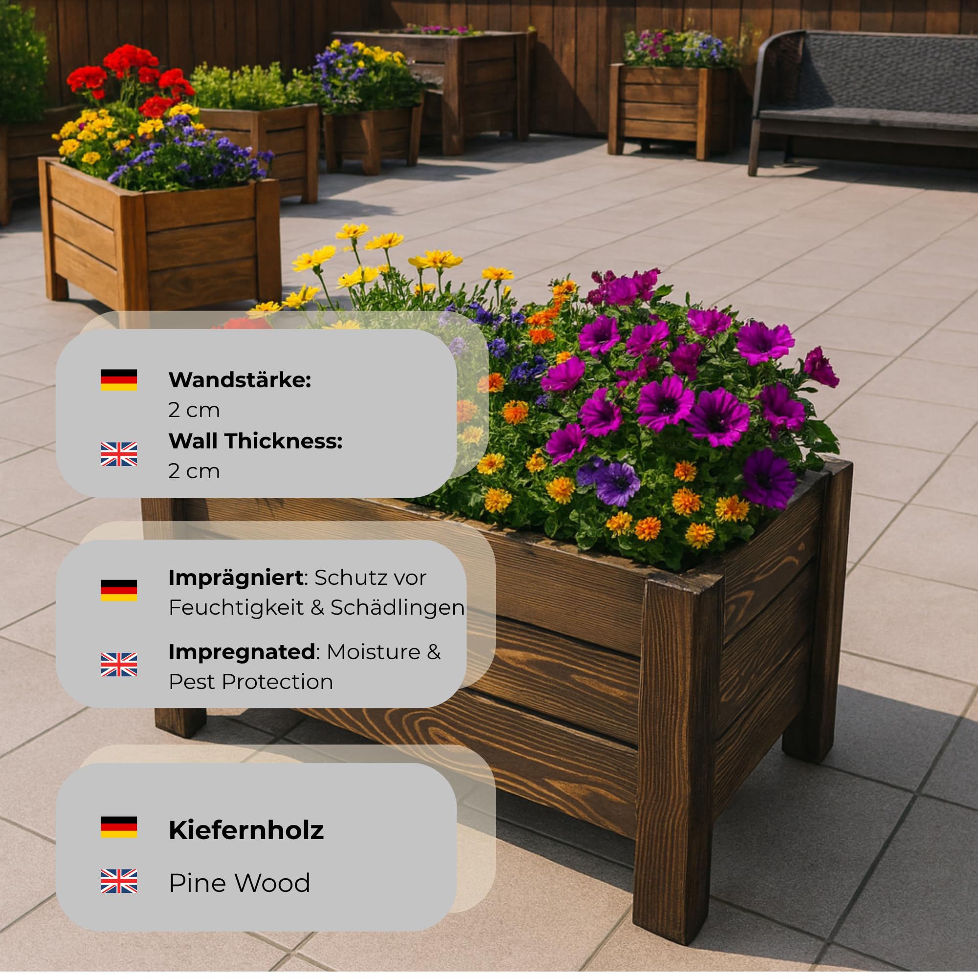 Donica Drewniana Prostokątna 80x32x40 cm 54 l Impregnowana Kolor Pinia Do Ogrodu Na Balkon Seria FLORA
