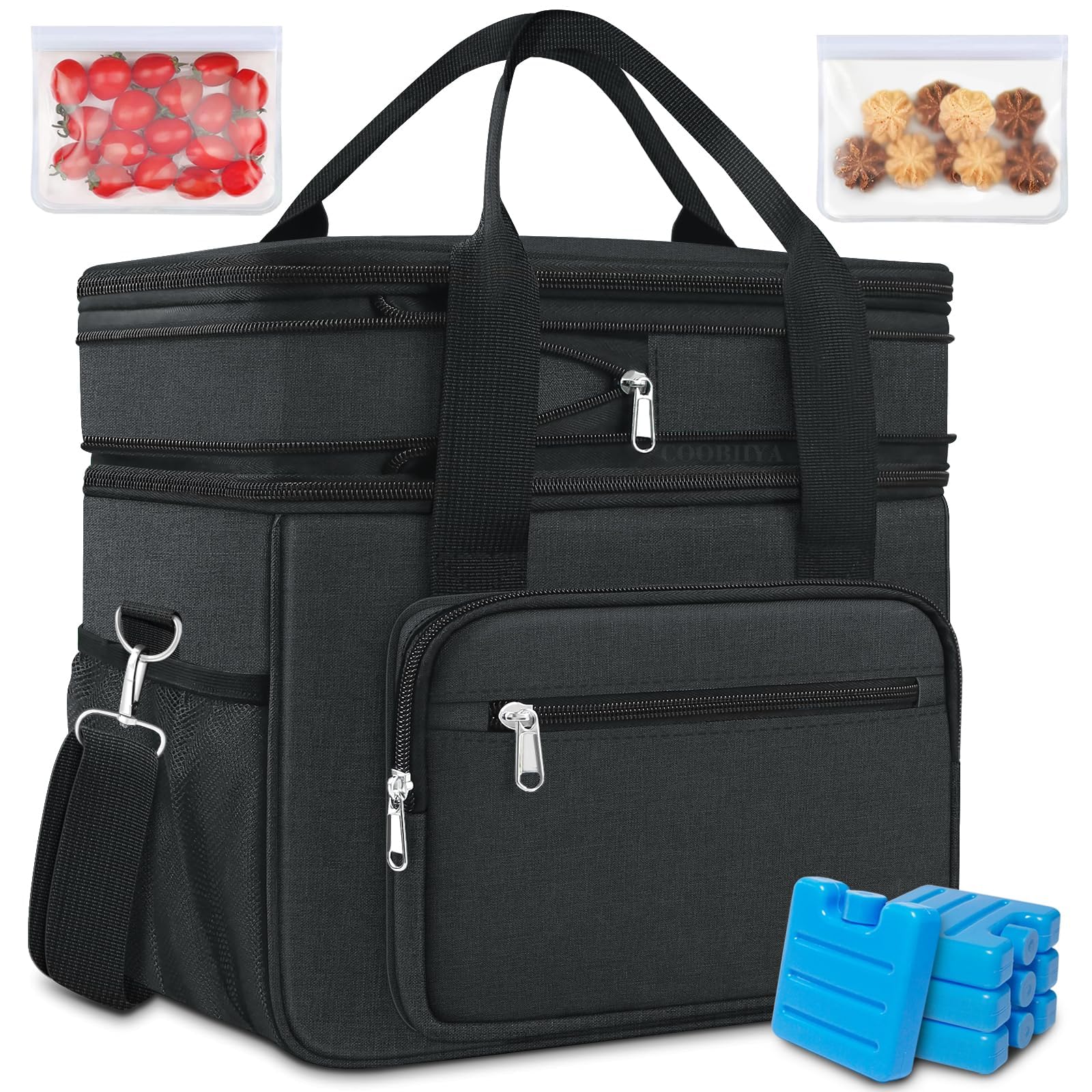 Lunch Box for Men,Expandable Insulated Large Cooler LunchBox,Double Deck Leakproof Heavy Duty Lunch Bag with 4 Ice packs,2 Snack Bags,Shoulder Strap for Adult/Women/Work/Picnic/Camping-Black(17L-23L)