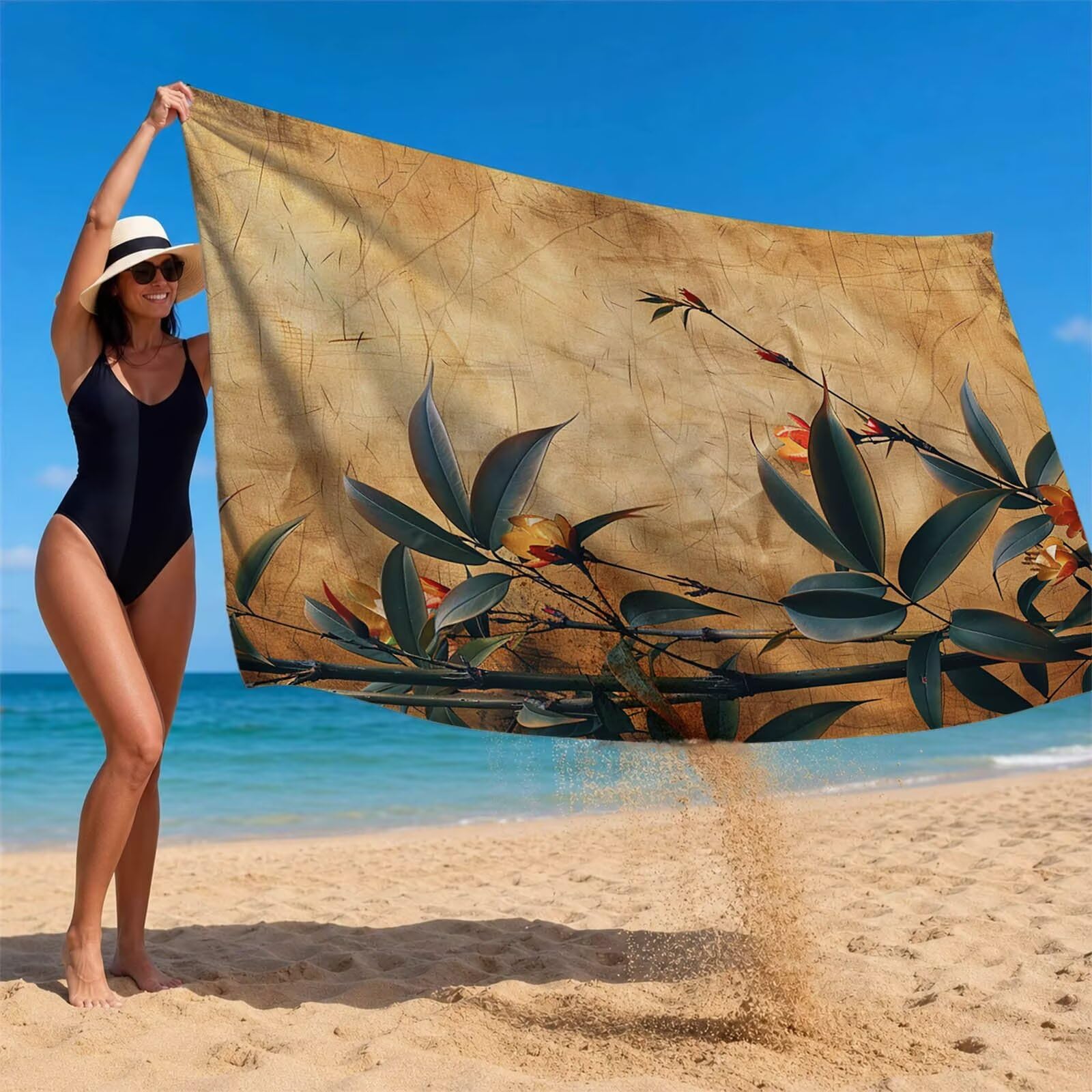 Bambú Toalla Playa 220 x 160 Resistente a la arena Secado rápido Ligero, Toalla Playa Grande 160x220cm Suave Cómodo como Gym Yoga Sauna Toallas Baño Grandes Exterior Travel Essentials Planta XTLS-2821
