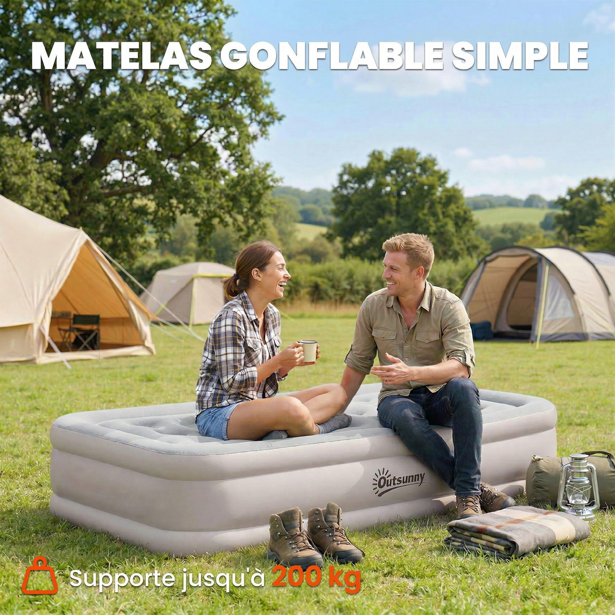 Outsunny Matelas Gonflable, Lit Simple, Pompe Électrique Intégrée, Surface Floquée, Imperméable 5000 mm, Sac Transport, Facile à Ranger, Lit Gonflable pour Camping Voyages Invités, 190x97x39cm, Kaki