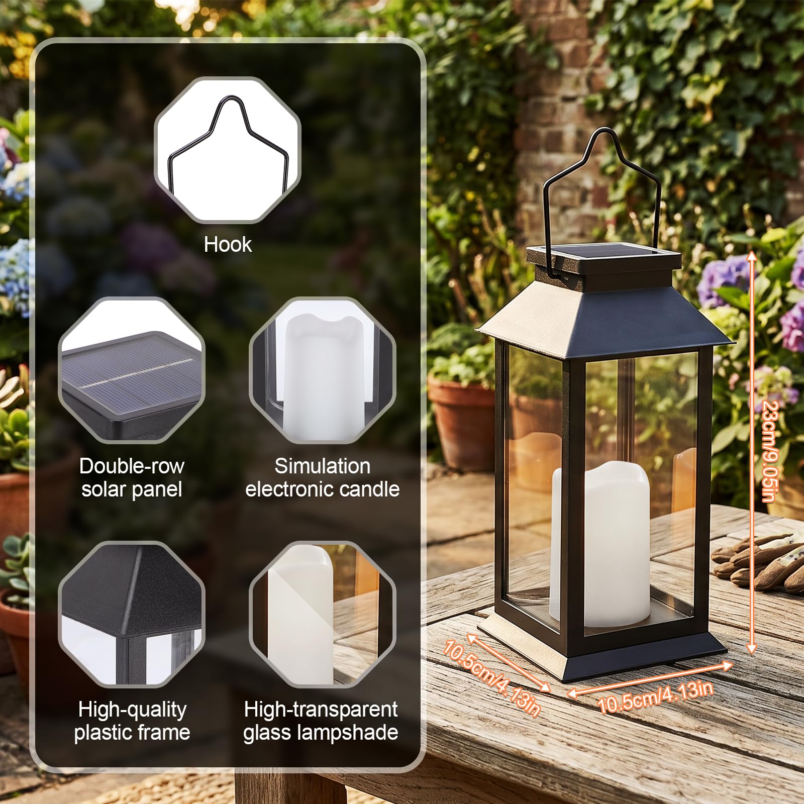 Tomshine 2 Stück Solar-Flammenlaternen für den Außenbereich, wetterfest, hängend, schwarz, rostfrei, Solarlaterne mit gehärtetem Glasschirm, flackernde flammenlose Kerzen für Terrasse, Garten, Dekor