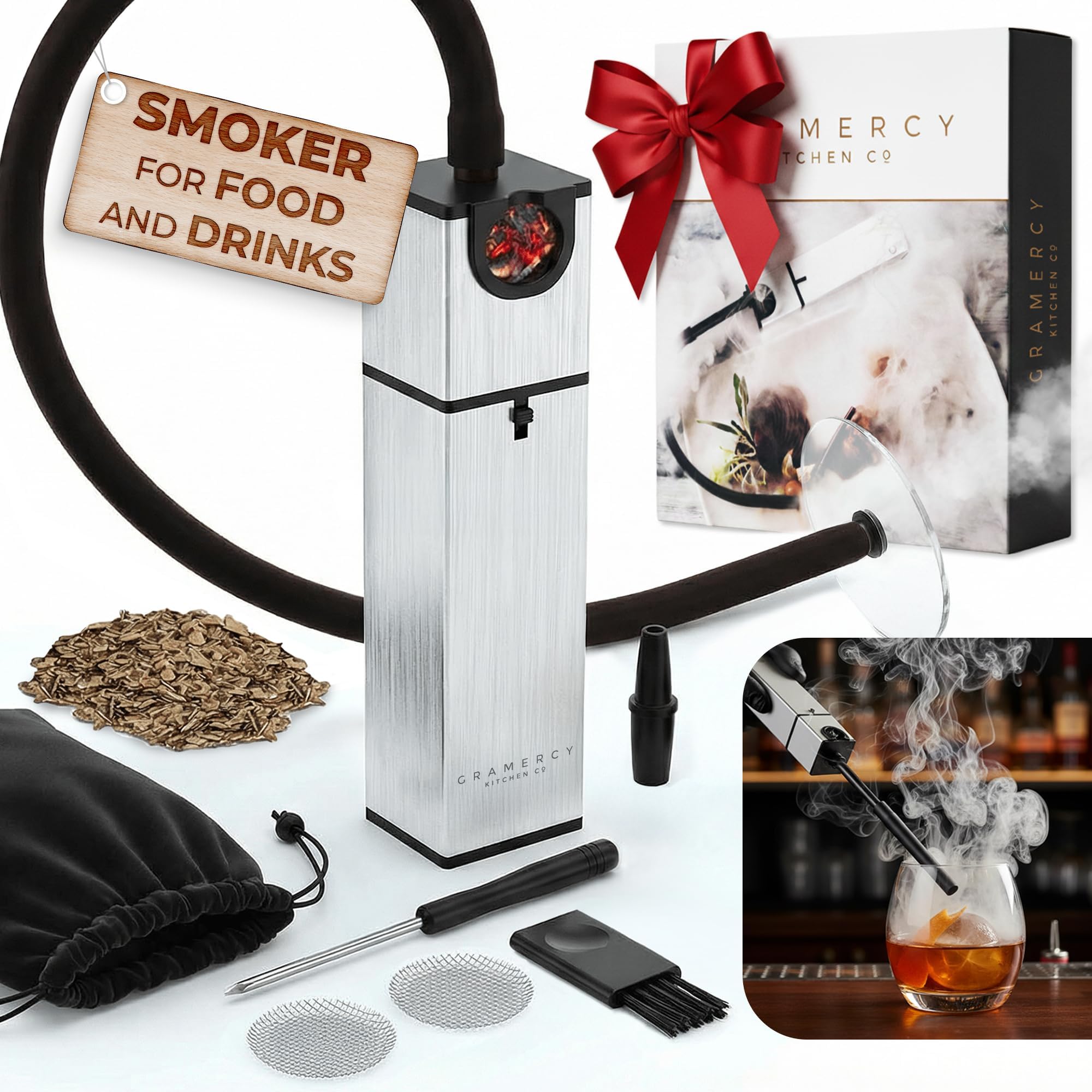 Gramercy Kitchen Company Cocktail Smoker Kit - Drink and Food Indoor Infuser | Includes Wood Chips | Gift for Whiskey, Bourbon, and Meat Smoking