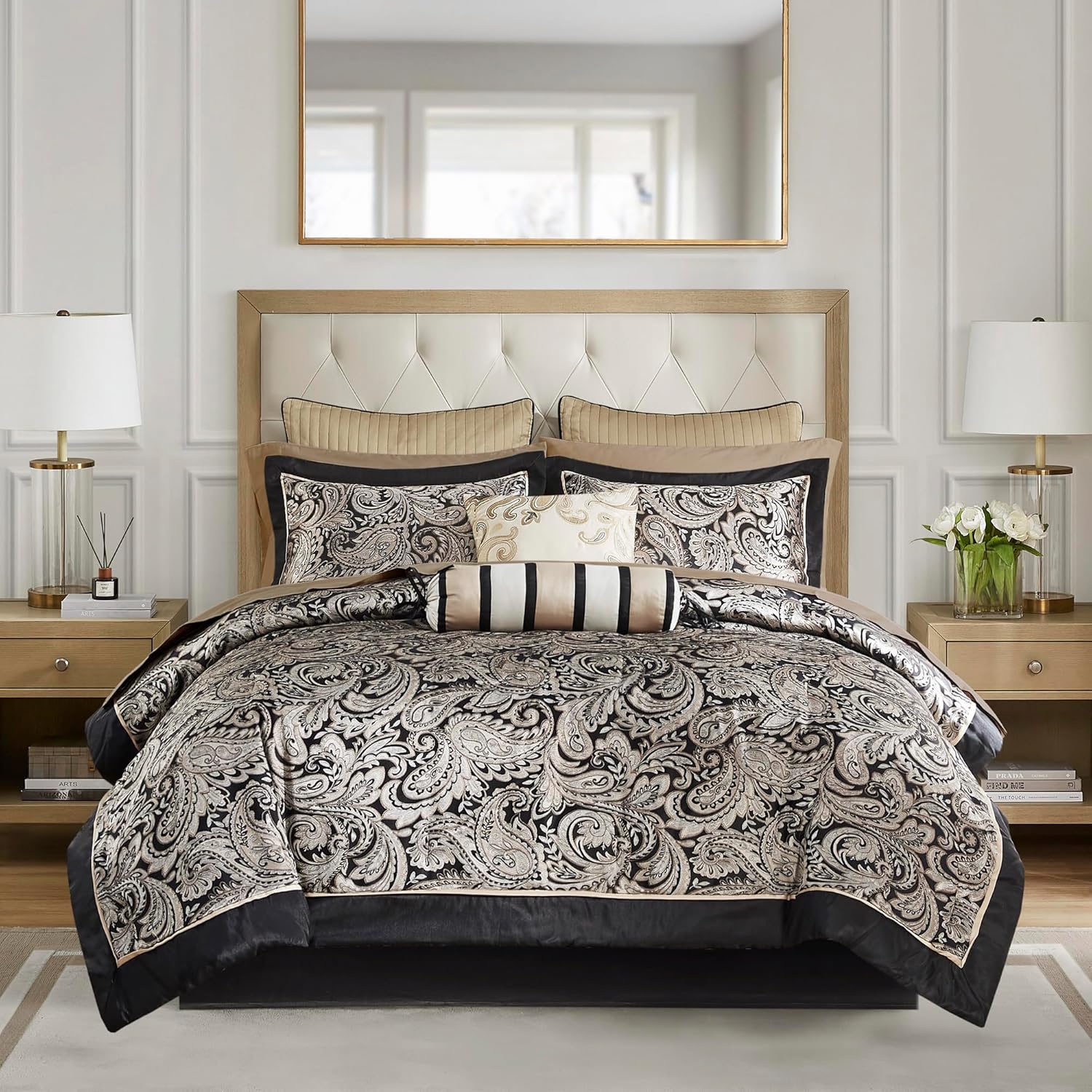 Madison Park Aubrey Cozy Comforter Set, Faux Silk Jacquard Paisley Design - All Season Down Alternative Bedding with Cotton Bed Sheets, Bed Skirt & Toss Pillows, King Black 12 Piece Black Biab 12pcs King Comforter Set