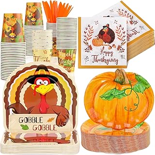 Suttmin 350 Pieces Thanksgiving Disposable Dinnerware Set, Serves 50, Thanksgiving Paper Plates Turkey Napkins Fall Cups Cutlery for Fall Autumn Harvest Party Decorations