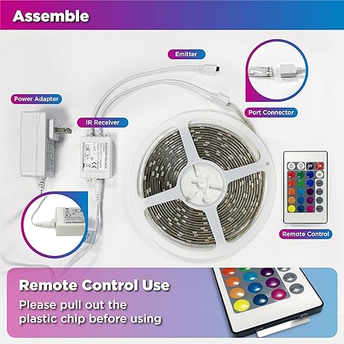 Miniatura 5 de Tira de luces LED, tira de luz RGB de 16.4 pies con control remoto y fuente de alimentación, revestimiento de poliuretano, adaptador ETL de 12 V CC,