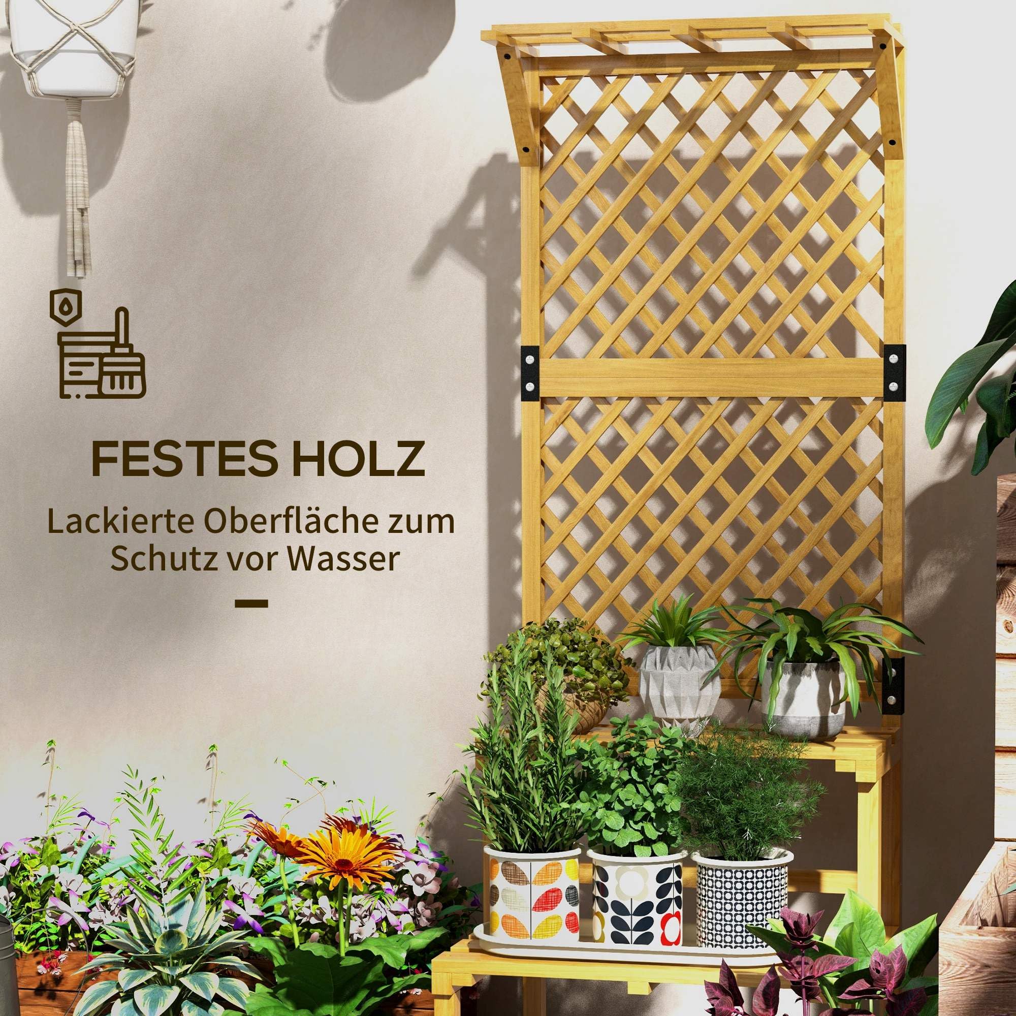 Outsunny Blumentreppe mit Rankhilfe 2 Stufen Dach 60 x 50 x 166 cm Gelb | Pflanzentreppe Für Innen Außen, Holz Blumenständer, Mehrstöckig Blumenregal Für Garten Balkon