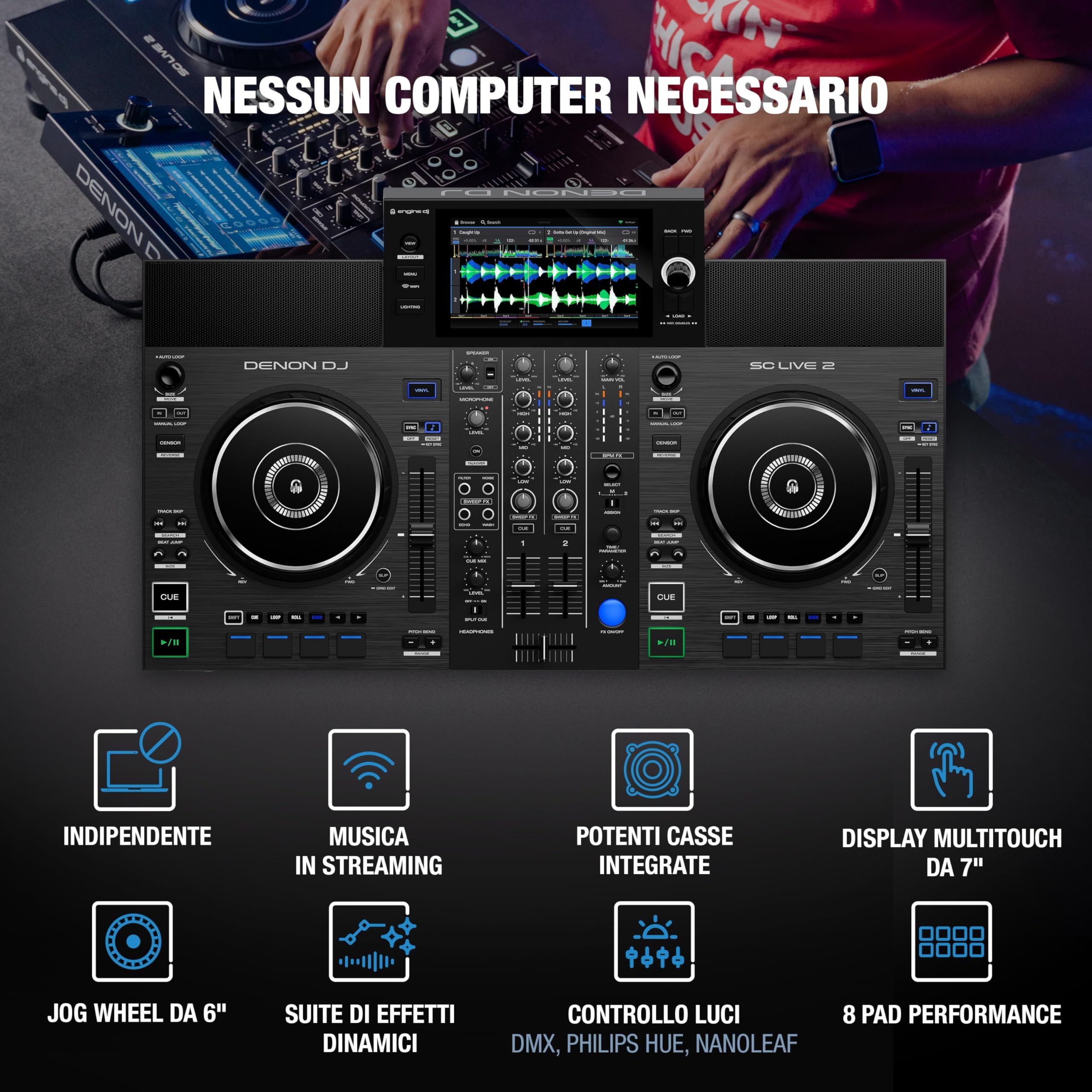 Denon DJ SC LIVE 2 – Console DJ con streaming da Amazon Music, Schermo Touch da 7”, Wi-Fi, casse, supporto per Serato DJ & Virtual DJ
