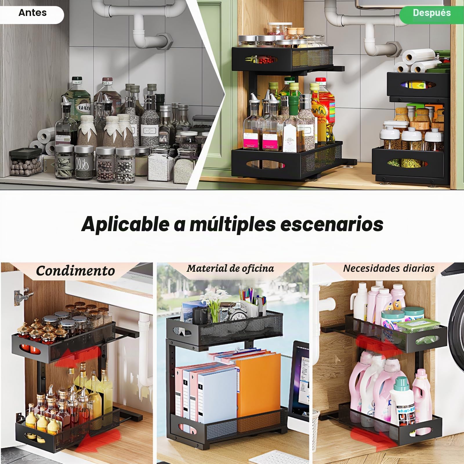 Organizador Bajo Fregadero Extraíble Ajustable 5 Niveles - Estantería de Acero Carbono para Cocina/Baño (29.5-43cm), 2 Capas Deslizantes, Almacenamiento Esquina/Lavabo