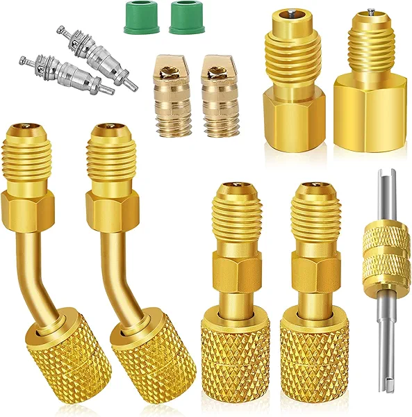 R410A Mini Split Adapters, R410a Refrigerant Hose Adapter, Brass Converter Mini Split Line Adapter Connectors kit with 5/16’’ SAE Female to 1/4’’ SAE Male, 1/2’’ to 1/4’’ Refrigerant Tank Ad
