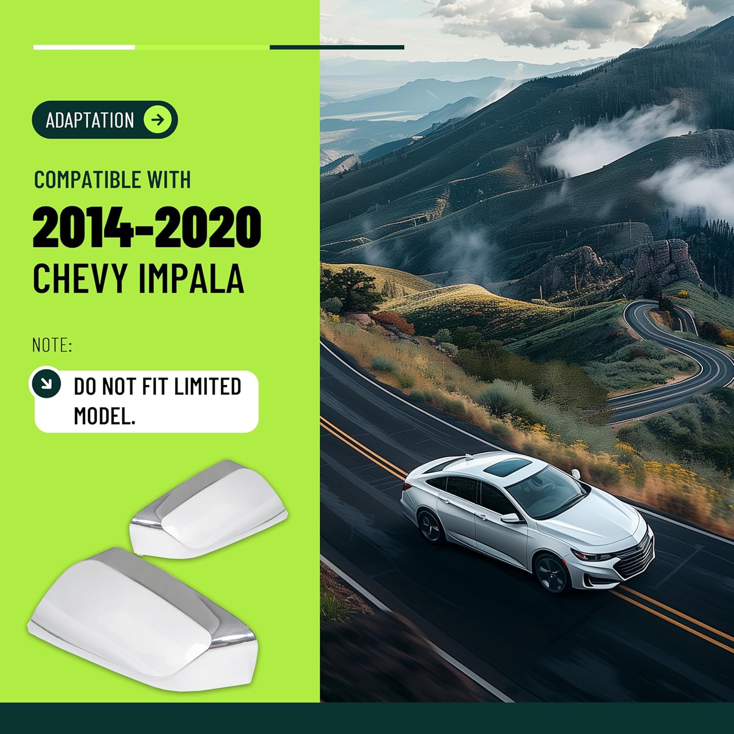 ECOTRIC Pair Mirror Covers Compatible With 2014-2020 Chevy Impala Overlays Trims Shells Chrome 2PCS