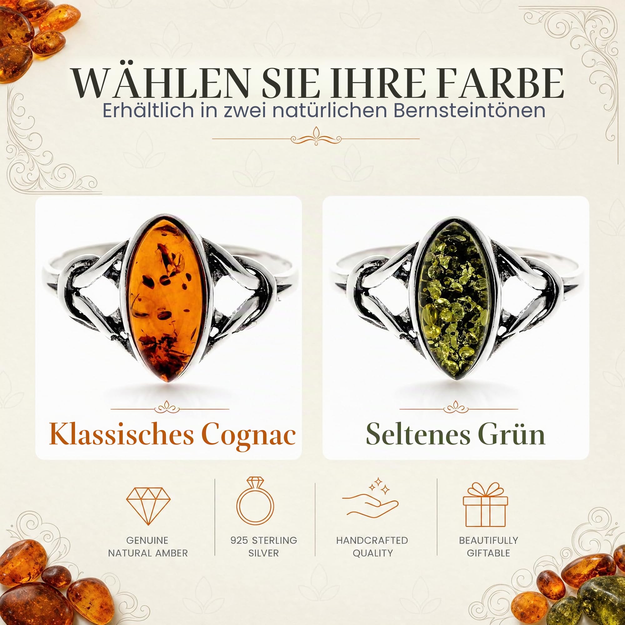 SilverAmber Jewellery - 925 Sterling Silber & Echter Baltischer Bernstein Keltischer Ring 7503