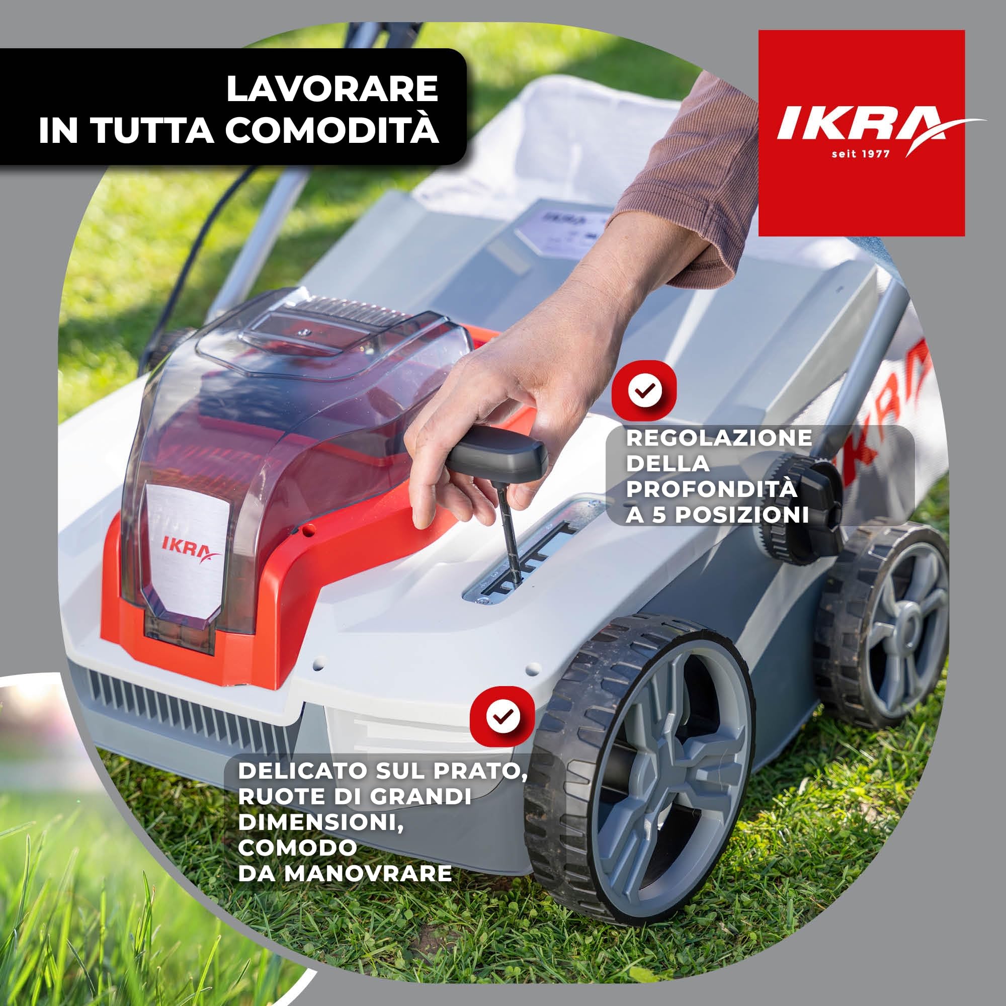 IKRA scarificatore arieggiatore a batteria 3in1 IAVL 2-2040, larghezza 40cm | Inclusi 2 batterie 20V 4,0Ah e caricatore rapido, cesto 40 l, +12/-3 mm, cambio rullo senza attrezzi, IKRA 20V