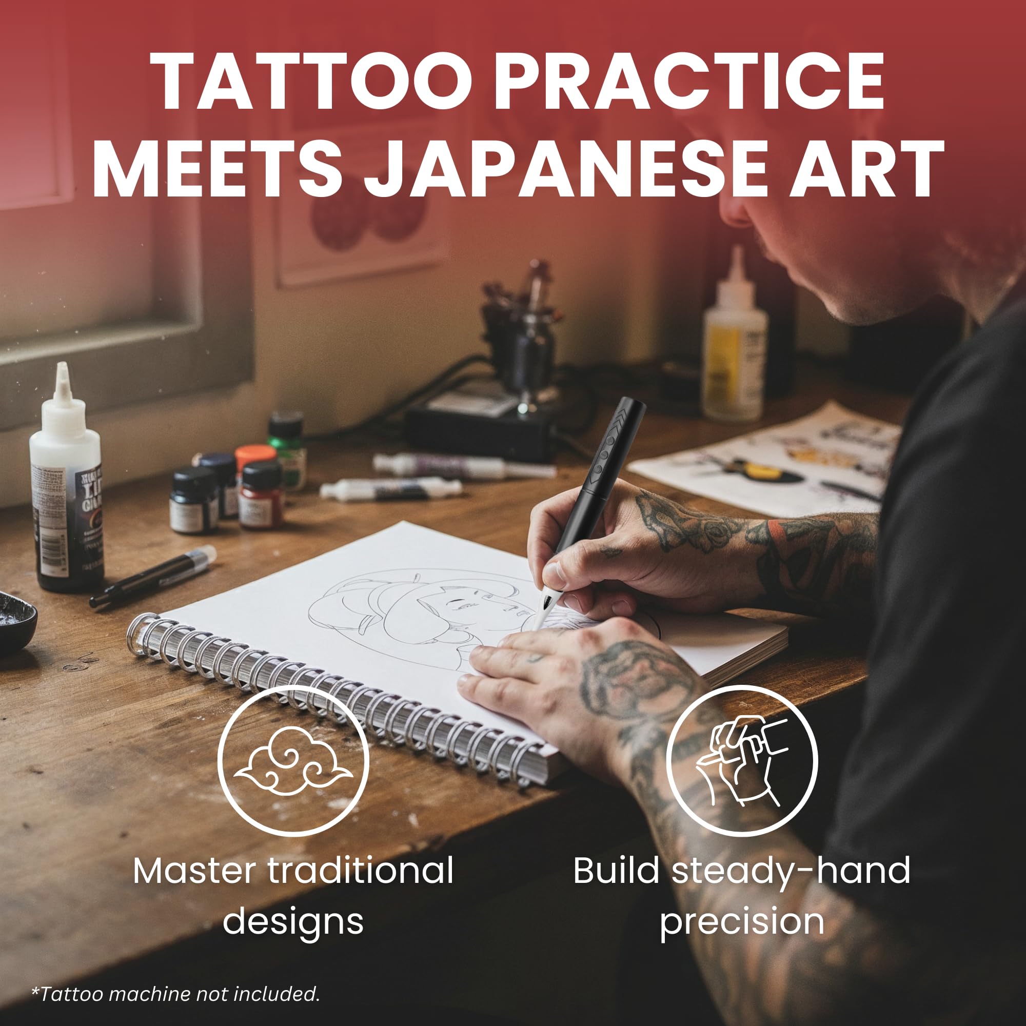 Inlumino Heart Ink Libro de práctica de tatuajes para colorear: tradicional japonés, libro de arte encuadernado en espiral con 40 diseños en páginas texturizadas de 240 g/m², uso con cartuchos de
