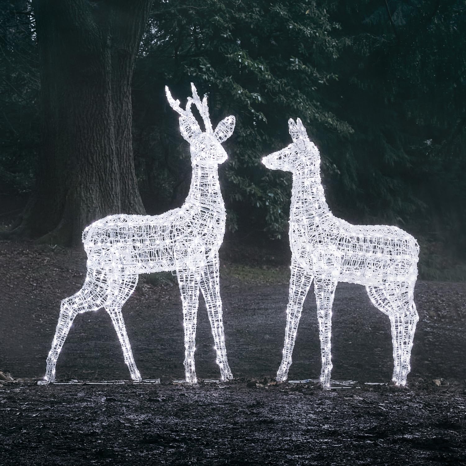 Lights4fun 3-in-1 Swinsty LED Rentier Duo Figur Hirsch 160cm Timer Weihnachtsbeleuchtung Außen und Innen