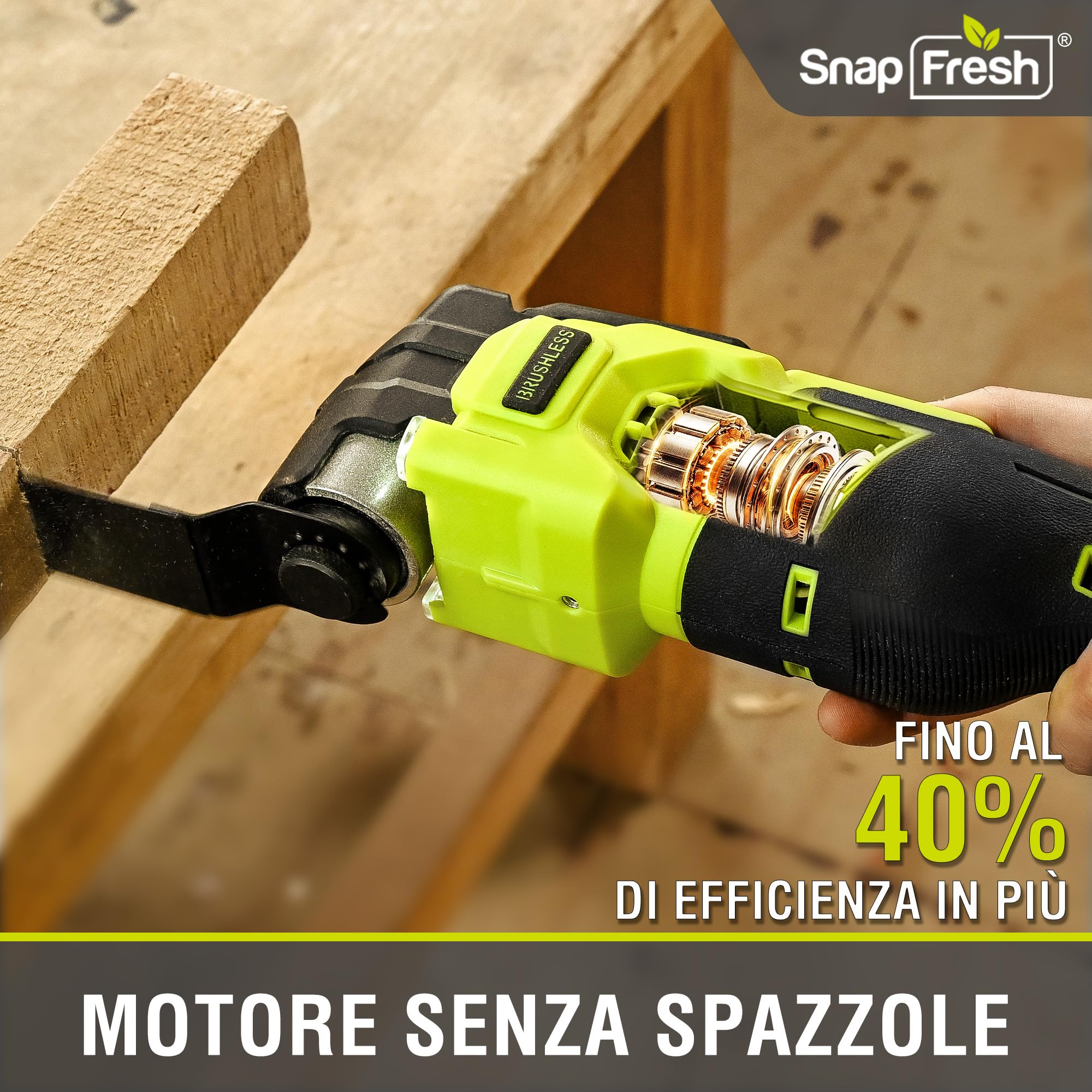 SnapFresh Utensile Multifunzione Oscillante 20V Senza Fili e Senza Spazzole, Tecnologia Anti-Vibrazione VibeNeutral, 6 Velocità Variabili, Angolo 4°, Batteria 2,0 Ah, Caricatore Rapido e Borsa