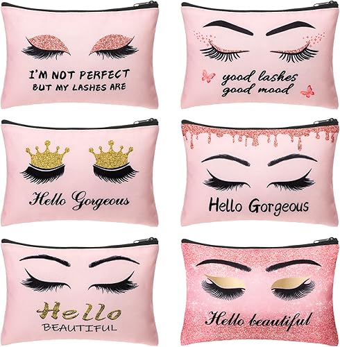 Miniatura 1 de Gerrii 6 bolsas de maquillaje Hello Gorgeous de lona rosa para pestañas, bolsa de cosméticos pequeña para pestañas, bolsa de viaje, regalo