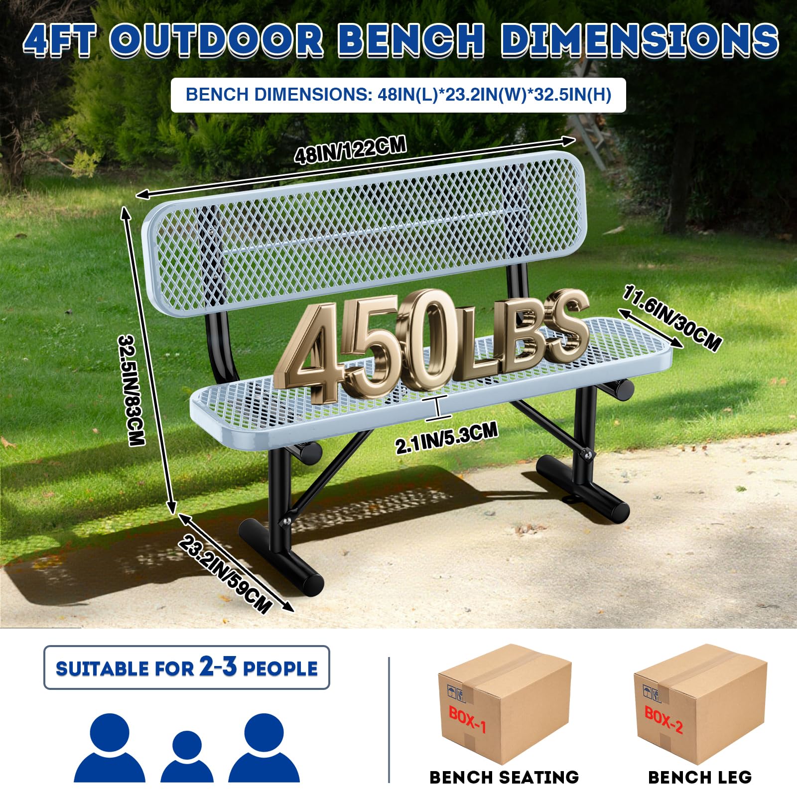 Thermoplastic Coated Iron Park Bench for Outside, Heavy Duty Metal Garden Bench, Expanded Commercial Grade Seating for Shopping Malls, Lawn Yard Porch Entryway (Grey with Backrest, 48IN)