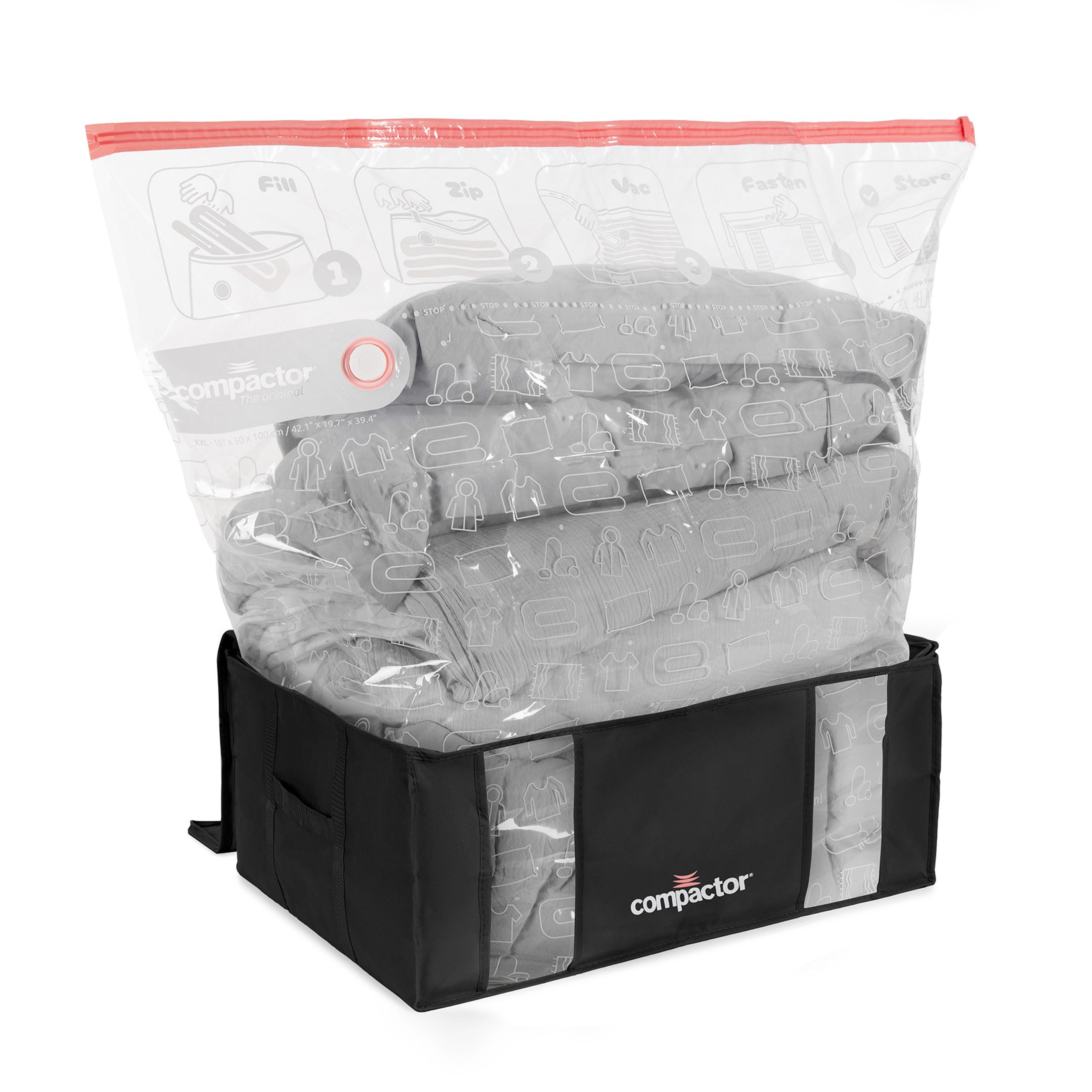 Compactor Vakuum-Aufbewahrungstasche mit halbstarrer strukturierter Box, Polypropylen und Nylon, Vakuumbeutel für Kleidung und Bettwäsche, Schrank-Organizer (Schwarz, XXL)