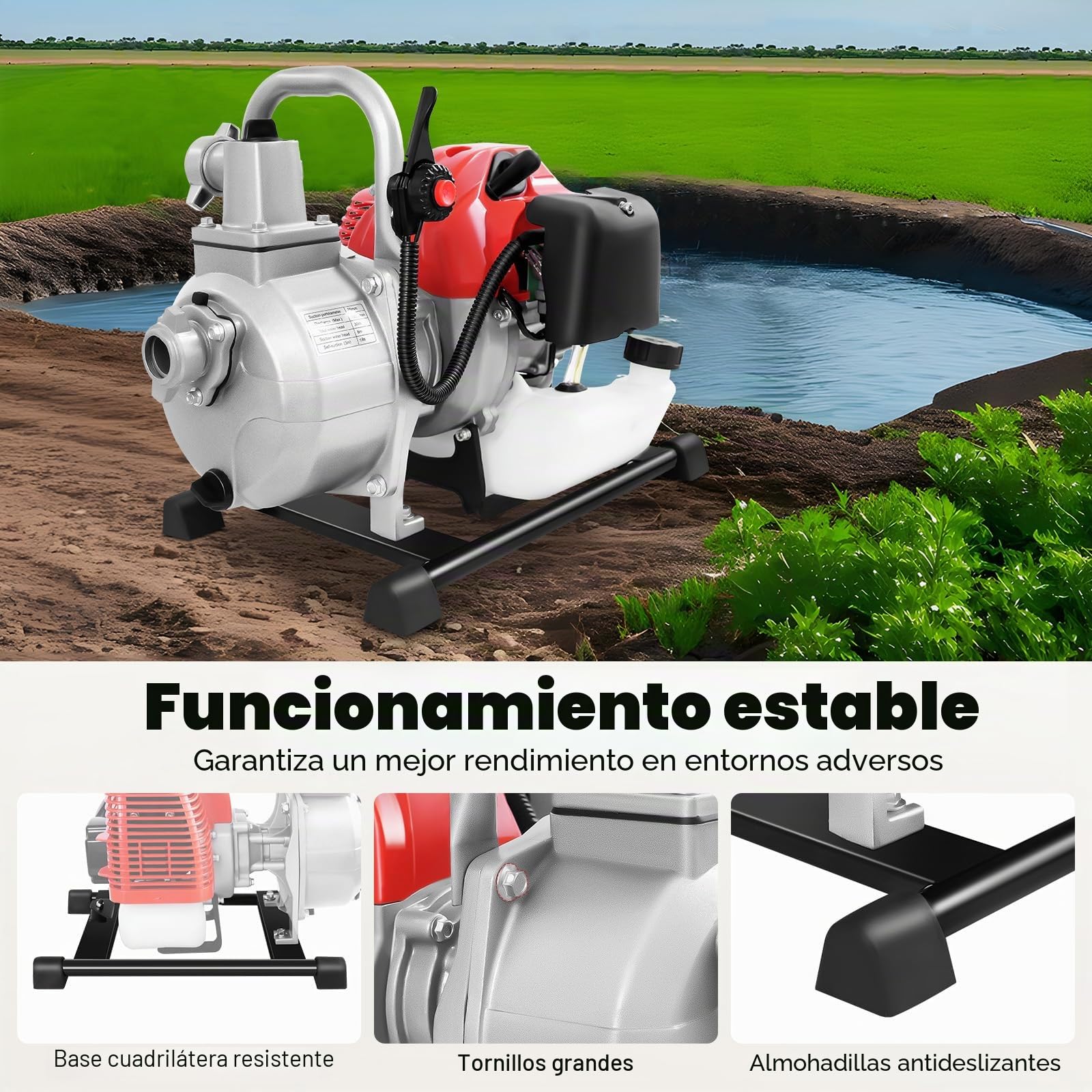 motobomba de agua a gasolina 1,7 CV con motor de 2 tiempos de 1,25 kW, bomba de agua sucia, altura de extracción 30 m, caudal de 10.000 L/H, bomba de alta presión para drenaje/transporte de agua