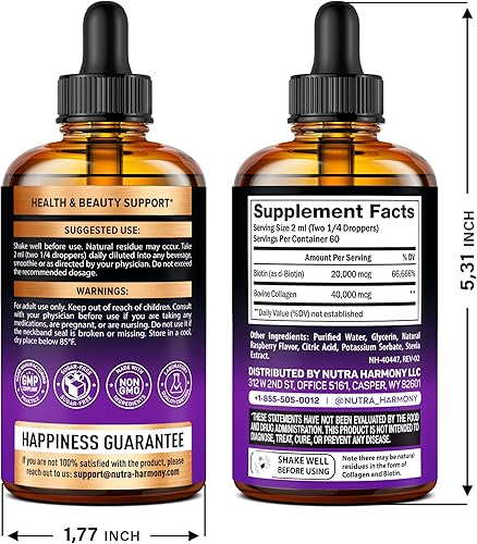 Miniatura 9 de NUTRAHARMONY Colágeno líquido y biotina gotas para el crecimiento del cabello para mujeres y hombres extra fuerte 60000 mcg suplemento de vitamina