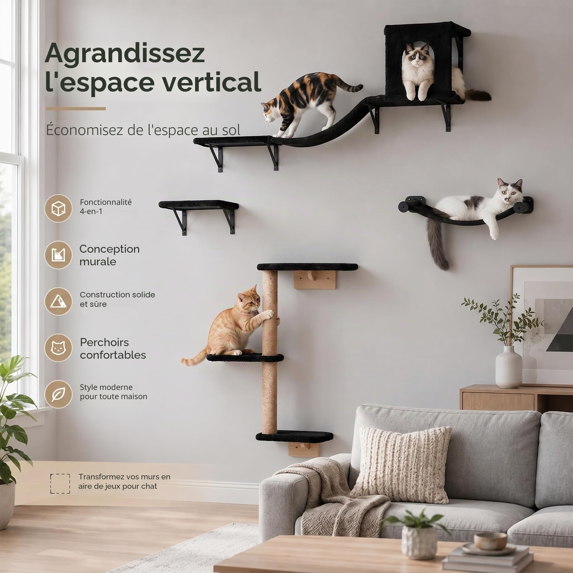 Étagères murales pour chats, ensemble de meubles muraux pour chats 4 en 1, ensemble stable de cadre d'escalade mural pour chats d'intérieur, arbre à chats avec griffoir, plateforme, hamac et maison