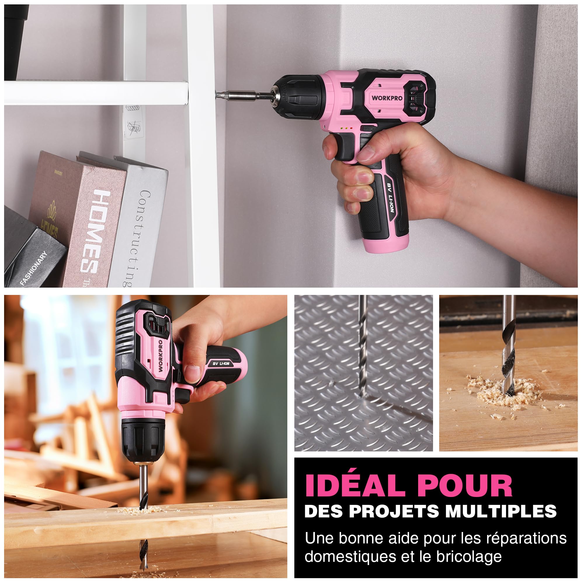 WORKPRO Perceuse Visseuse Sans Fil 8V, Mandrin 10mm, Kit 21 Pièces | Visseuse 2 en 1 avec LED, Charge USB-C, Accessoires 22 pièces pour Réparation Maison et DIY