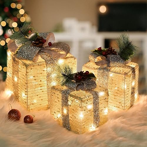 Miniatura 10 de Juego de 3 cajas de regalo iluminadas de Navidad, cajas de regalo preiluminadas con 60 LED, cajas de regalo plateadas con luces blancas,