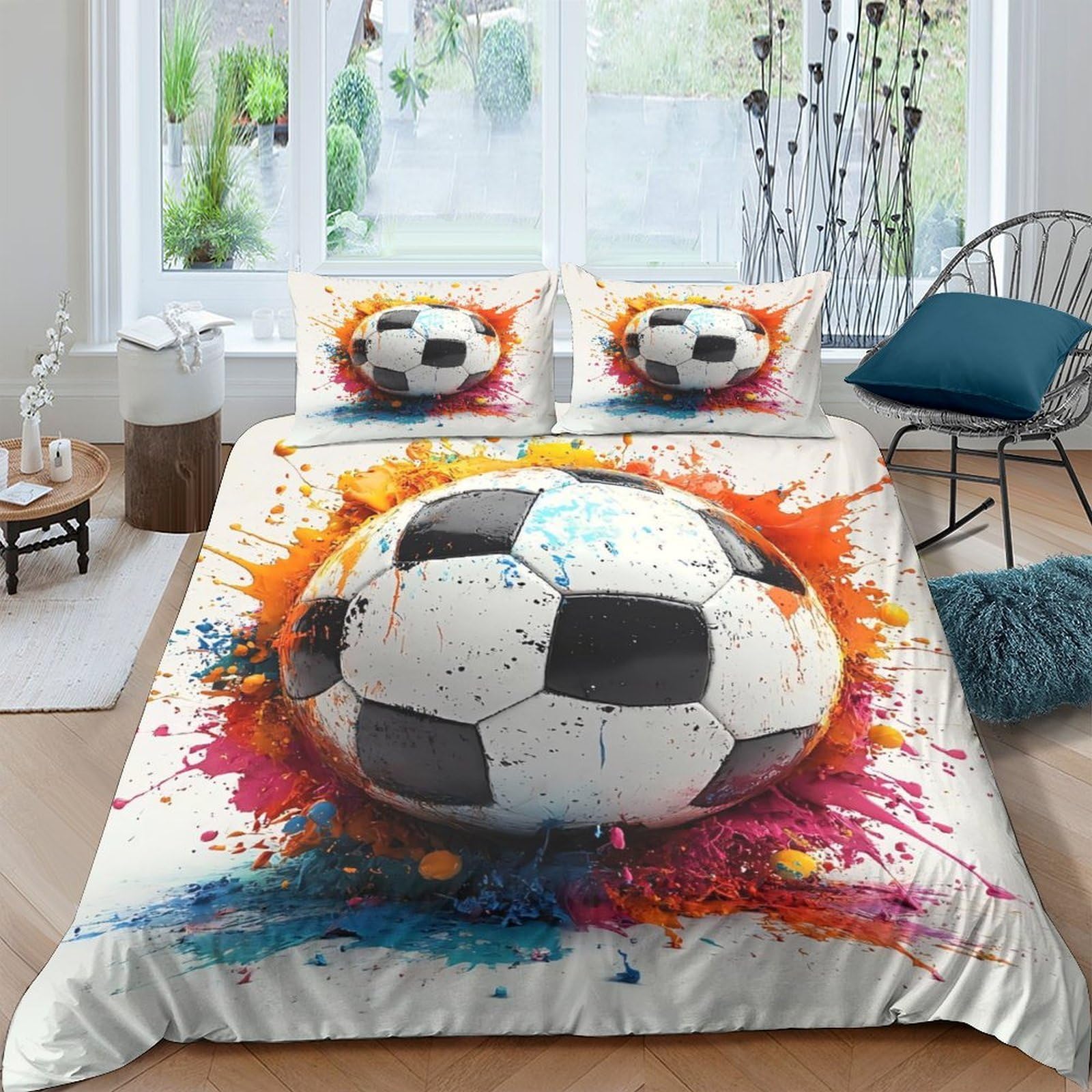 Ctjqhvkz Style-4 3D Printed Splash Soccer Fitted Sheet Microfiber Soft Breathable Graffiti Football Bed Cover For Bedroom Dorm Decor Single（135X200cm）