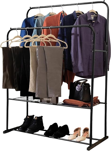 House of Home Heavy Duty Metal Clothes Rail with Shoe Rack - 2 Tier Double Rail Wardrobe Replacement - Clothes Storage & Organiser for Shirts, Coats, Jackets, Hat & Shoes - Black