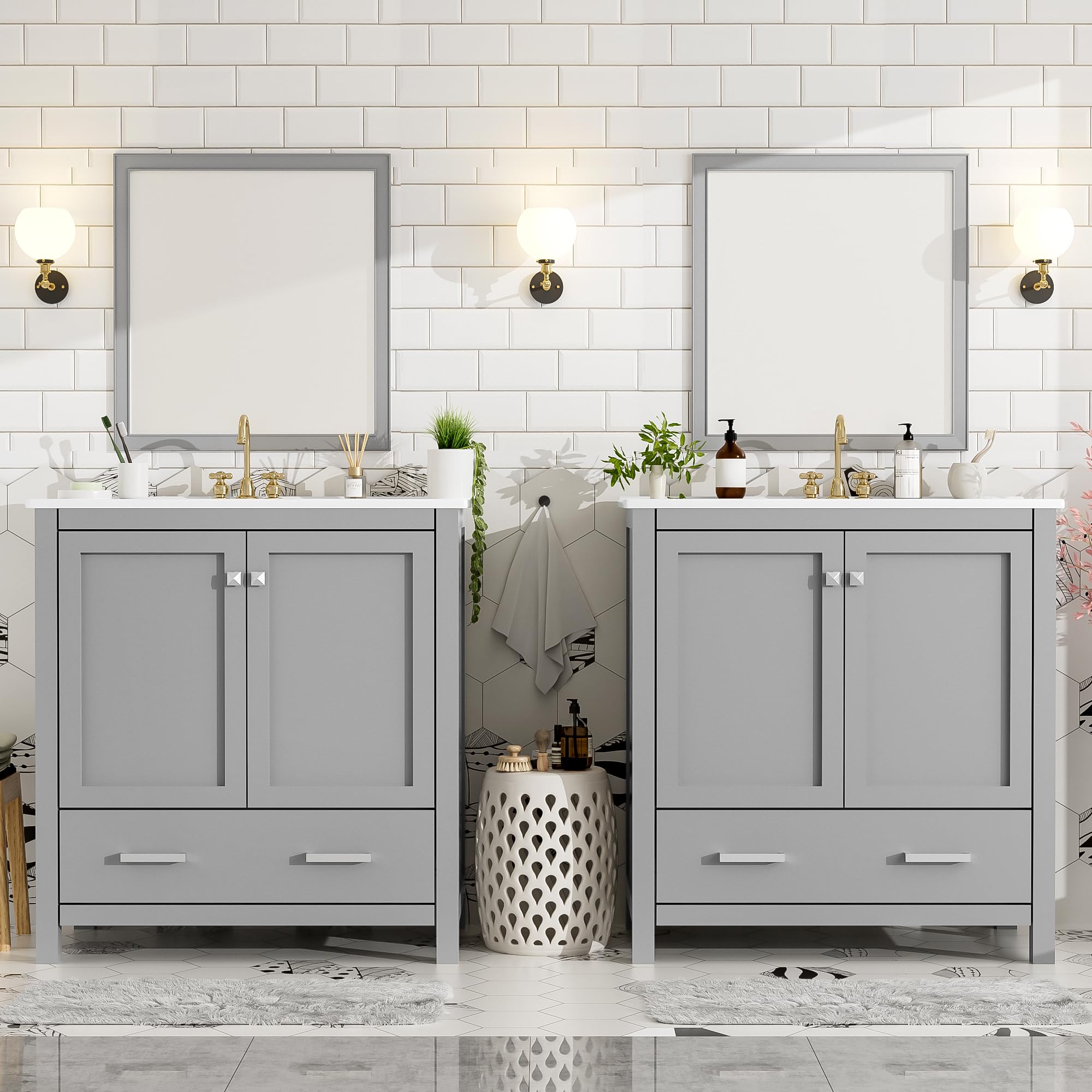 P PURLOVE Bathroom Vanity Set with Double Vanities and Double Ceramic Sinks, Combo Cabinet Set with Storage Shelf and Divided Drawers, Modern Bathroom Cabinet for Spacious Bathrooms (Grey)