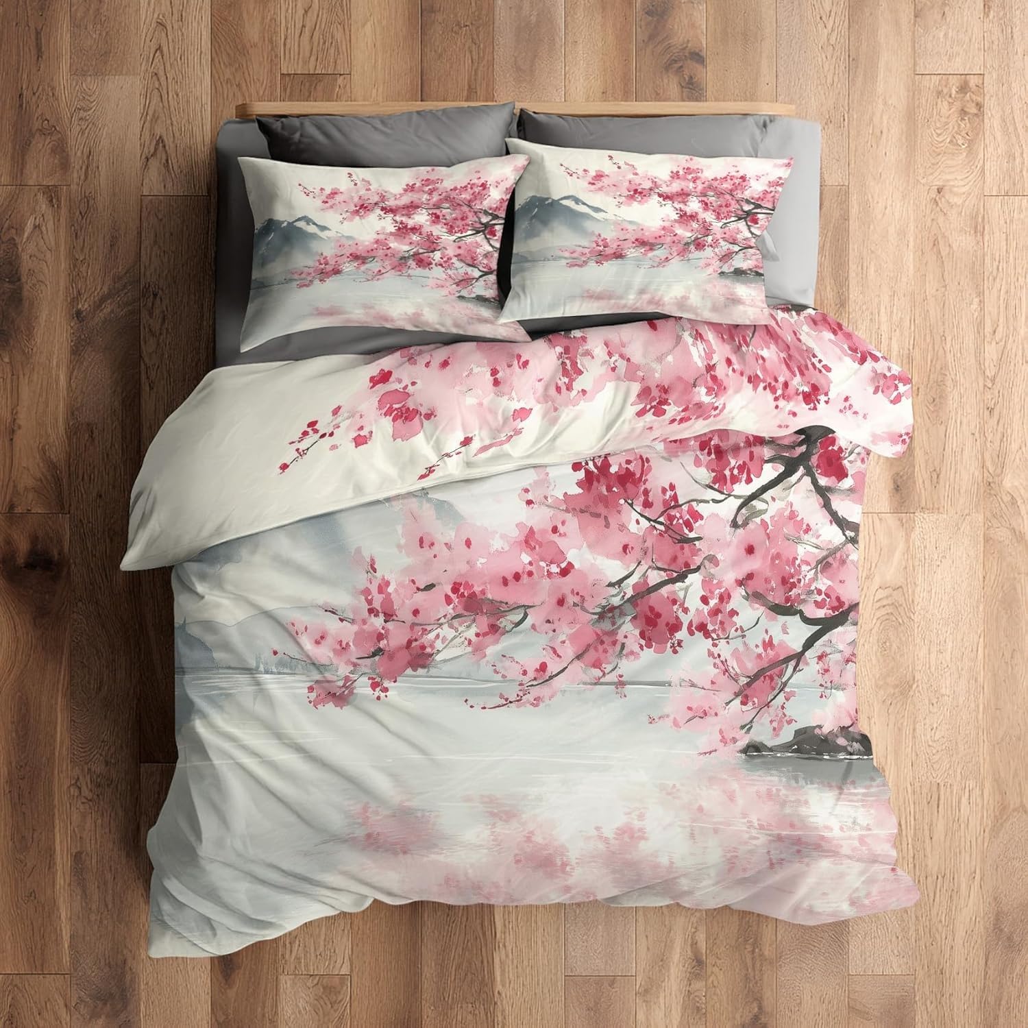 Funda Nordica Cama 90 Infantil Flor de Cerezo Ropa de Cama Lavado de Tinta Microfibra Suave y Cómoda con Cremallera Funda Edredon 150x200-2 Fundas Almohada 50x75 QC1334