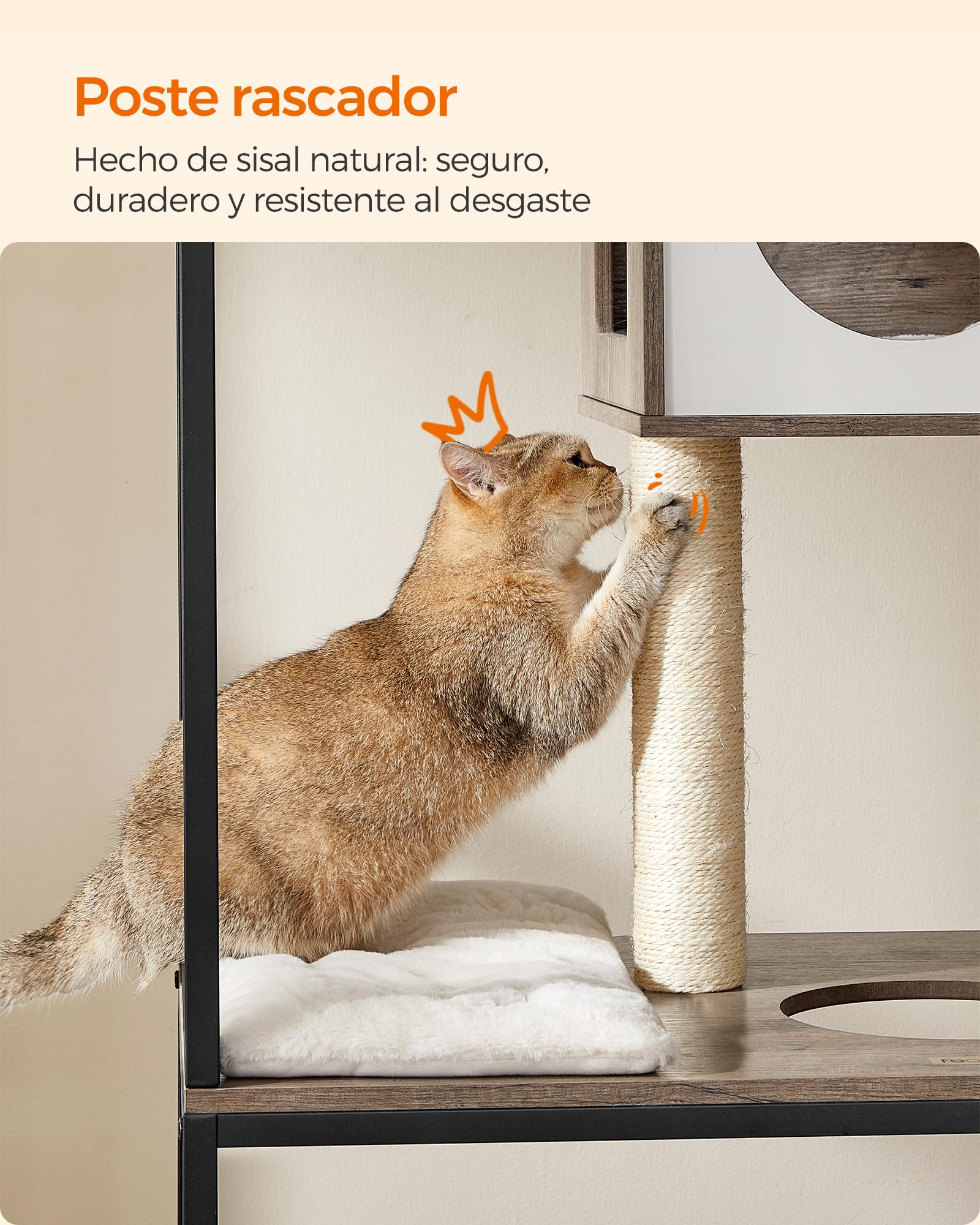 Feandrea Árbol para Gatos, Casa para Gatos con Mueble para Bandeja Higiénica, Soporte para Comedero Elevado, Tronco de Sisal, Cojines Lavables, Beige PCT312G01