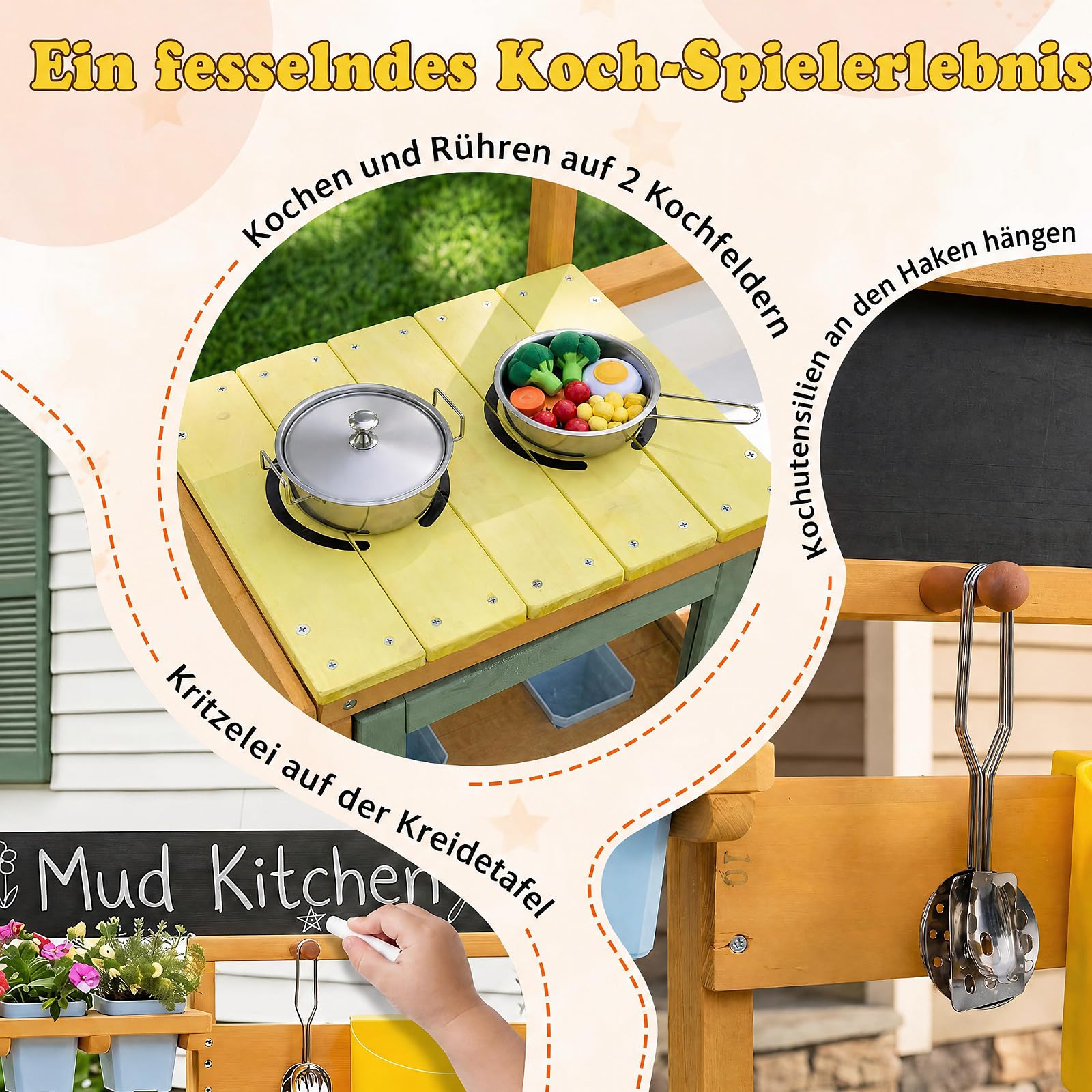 COSTWAY Matschküche Kinder Outdoor, Spielküche mit Wassertank & Wasserhahn | Kinderküche mit Spüle, Blumentöpfen, Kochzubehör & Ablagefächern, Gartenspielküche für Kinder ab 3 Jahren