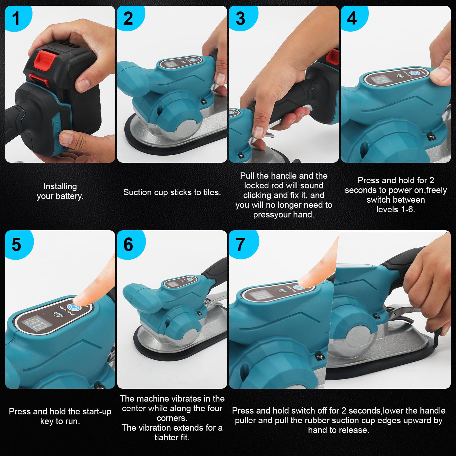 Vibrador de azulejos con batería, compatible con batería Makita de 18 V (sin batería incluida), colocador de azulejos con 6 marchas ajustables, ventosa de 20 cm, fuerza de sujeción de 200 kg, pantalla
