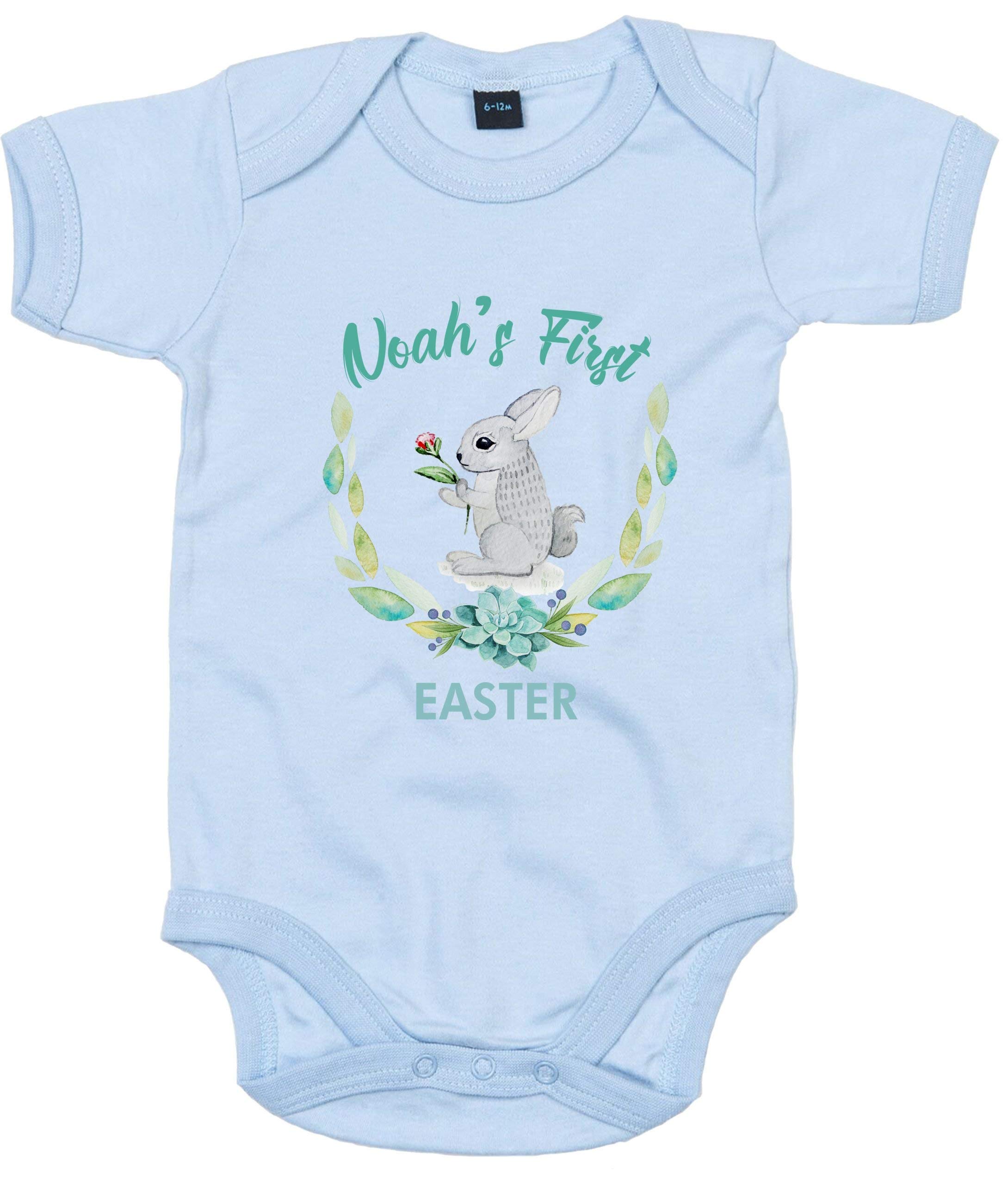 FunkyShirt Custom Name First Easter Blue Bunny Baby Grow with Baby Name First Easter Novelty Baby Grows Baby Girl My First Easter Gift My First Time