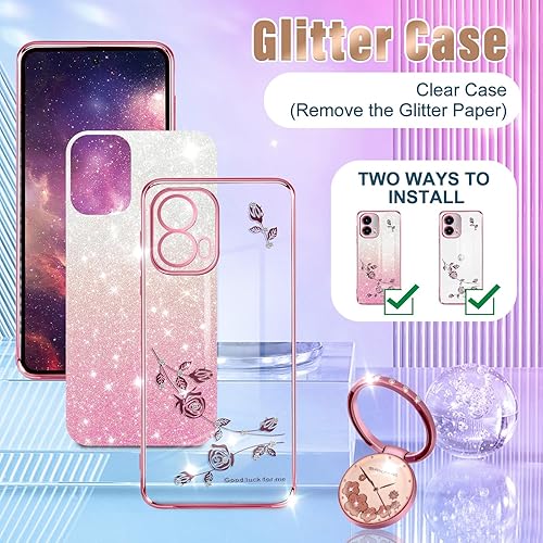 Miniatura 4 de Likiyami Funda 3 en 1 para Moto G Power 5G 2023 para mujeres y niñas, con purpurina, bonitas fundas para teléfono con diseño de anillo brillante,