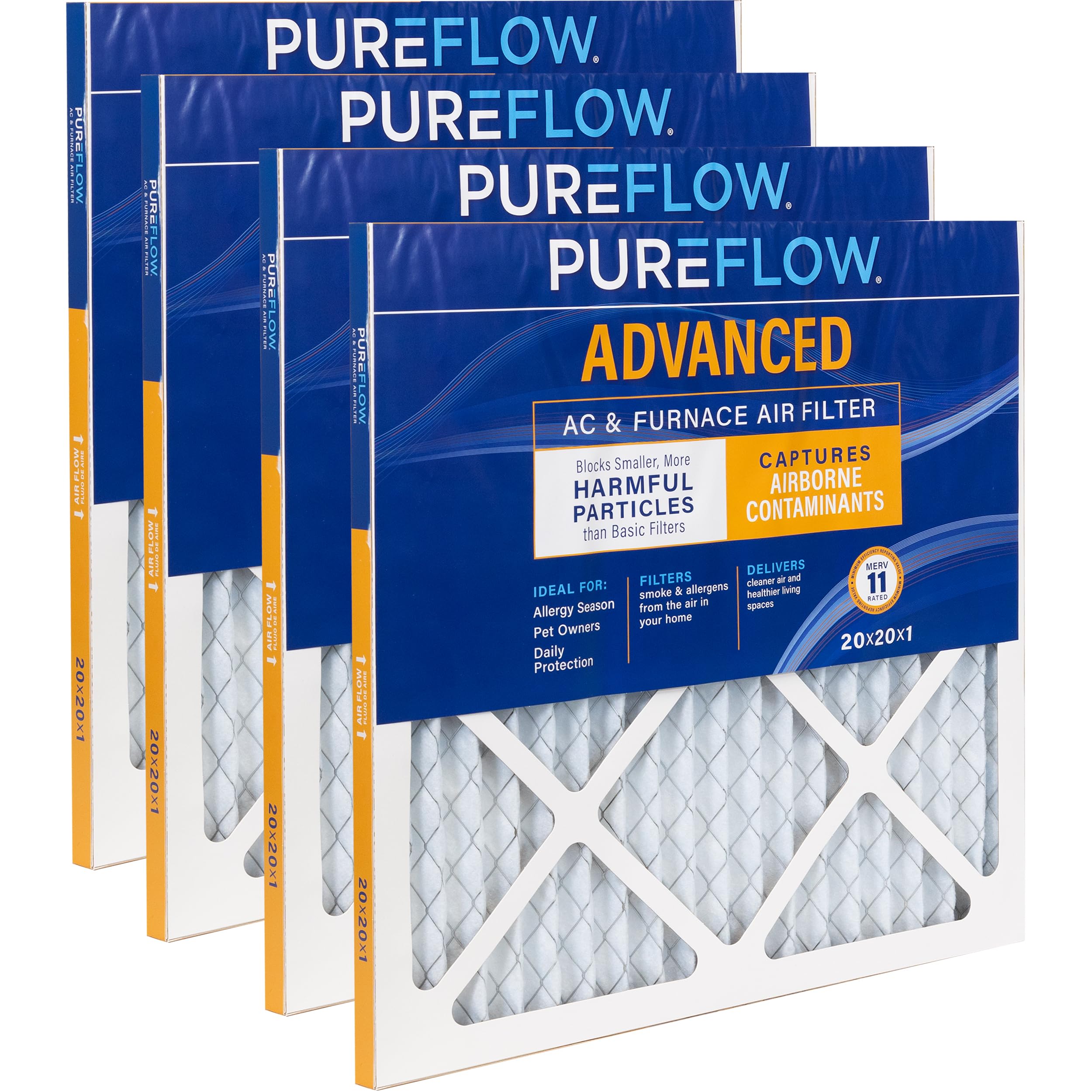 PUREFLOW Home Air Filter MERV 11, 20x20x1 Furnace Filter, 4 Layer High Efficiency Filtration for Dust, Smoke, Fumes, Pollutants (4-Pack)
